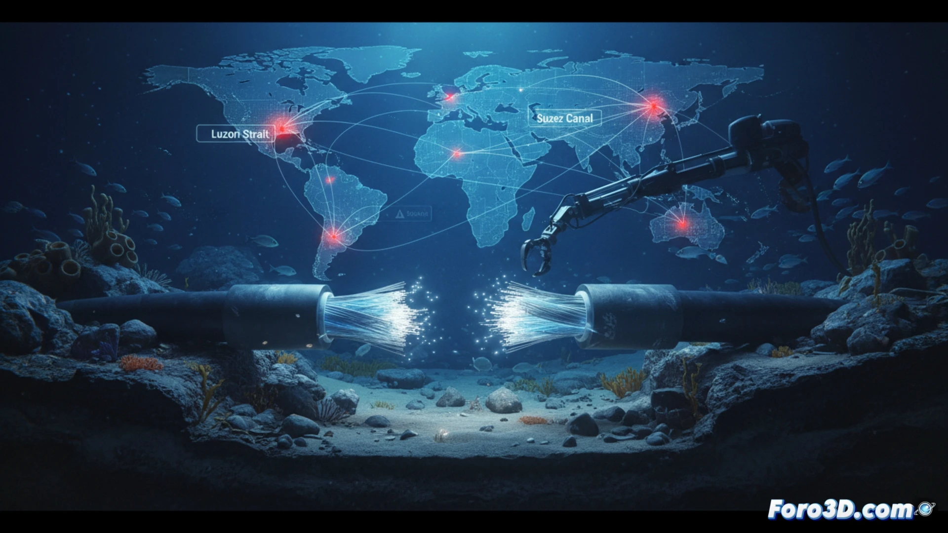 Mapa mundial con cables submarinos resaltando puntos de corte como el Estrecho de Luzón y el Canal de Suez