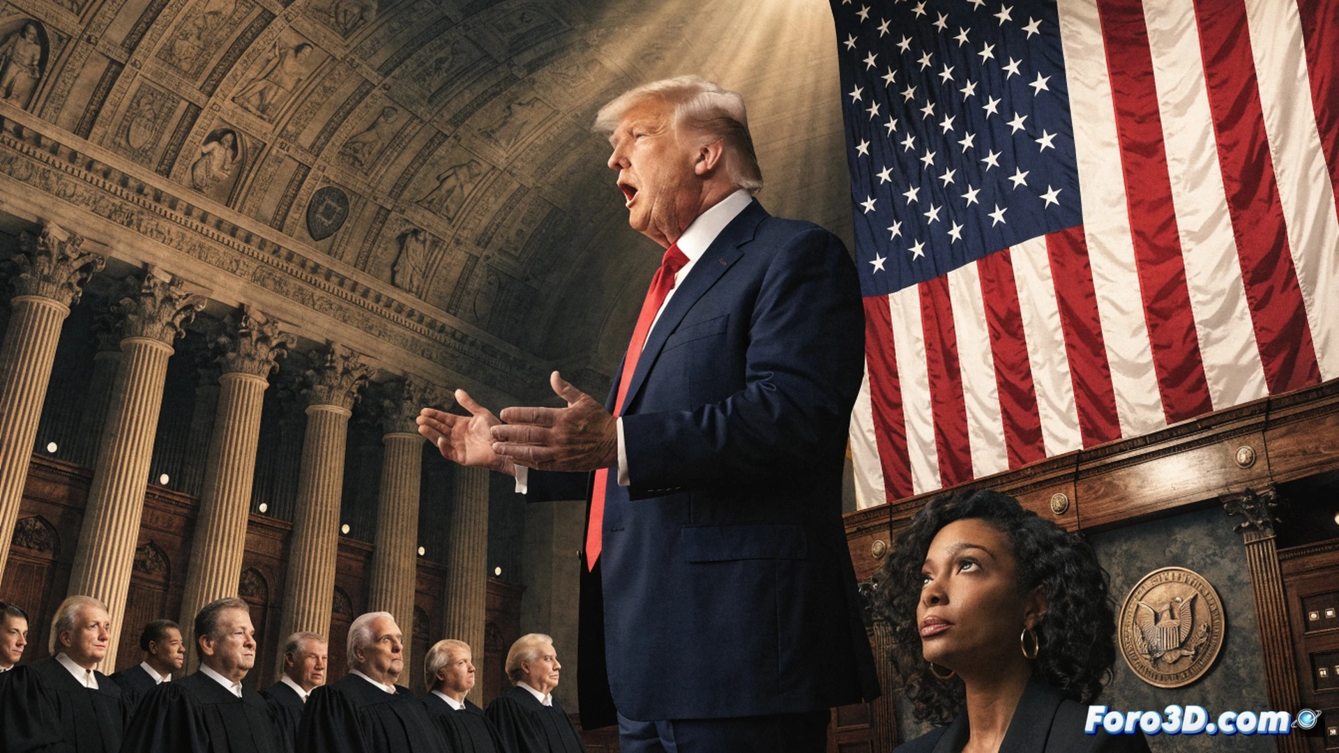 Photorealistic cinematic scene showing a marble Supreme Court chamber with a glowing presidential seal on the floor, a large wooden gavel mid-swing splitting a chain linking a Federal Trade Commission building model to the White House, while a separate chain remains intact securing a Federal Reserve building model, the broken chain emitting digital particles, dramatic courtroom lighting, polished brass railings, deep mahogany tones, ultra-detailed architectural columns, technical legal visualization, motion blur on the gavel, glowing fracture lines on the broken link