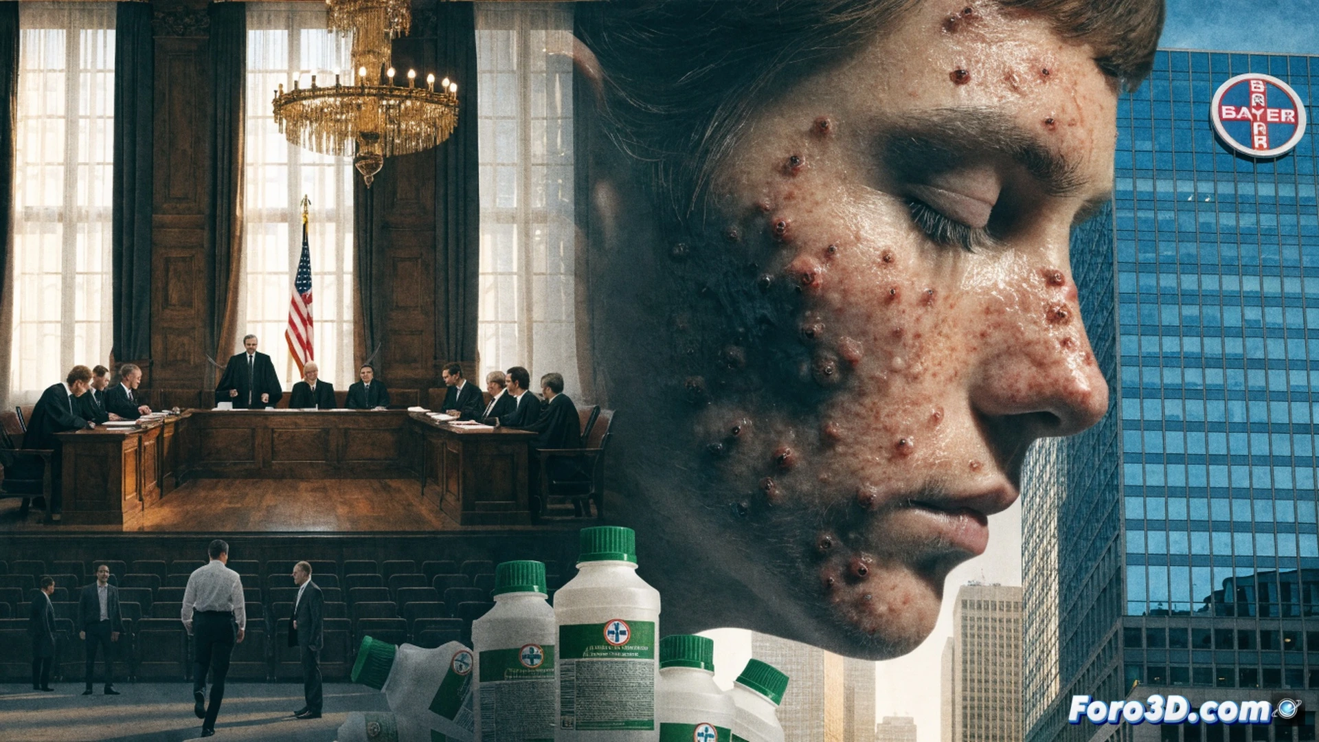 aerial view of a massive golden wheat field being sprayed with herbicide from a crop duster plane, a towering courthouse building with classical columns emerging from the center of the field, a glowing gavel shattering multiple small paper lawsuit icons mid-air, the spray droplets transforming into tiny skull shapes near the ground, photorealistic cinematic lighting, dramatic contrast between bright green healthy crops and dark chemical mist, ultra-detailed agricultural machinery and judicial architecture, high-angle wide shot emphasizing scale, technical illustration style with sharp focus on legal and chemical interaction