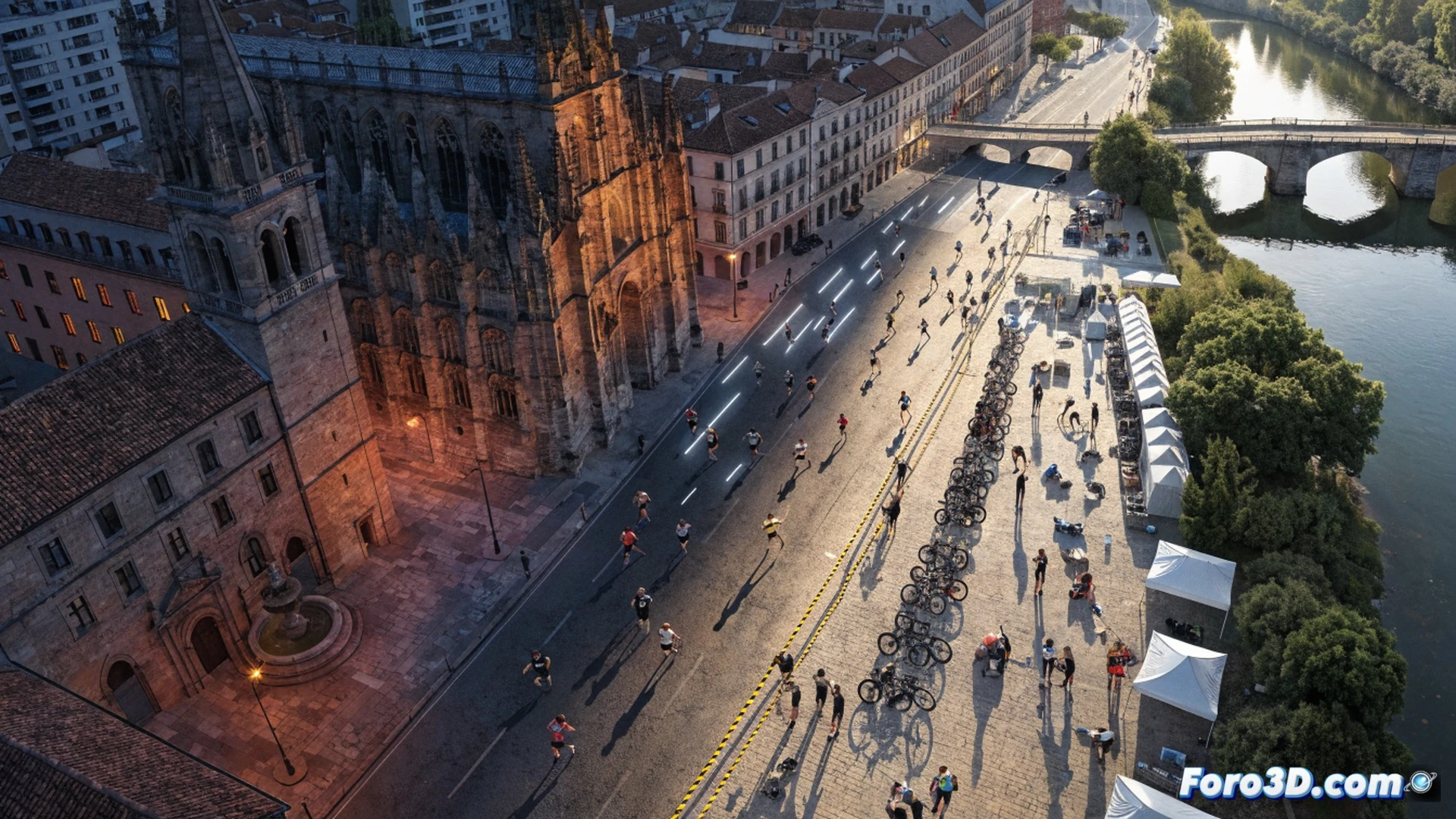 aerial view of downtown Salamanca at night, multiple traffic cones and barriers blocking a central street, runners in colorful sportswear filling the road during a nocturnal race, cyclists in aerodynamic helmets passing through a triathlon transition zone, city buses and cars rerouted through side streets, glowing streetlights casting dramatic shadows, photorealistic urban planning visualization, motion blur from moving athletes, technical map overlay with red dashed lines showing closed roads, cinematic wide-angle composition, hyper-detailed architecture and pavement textures