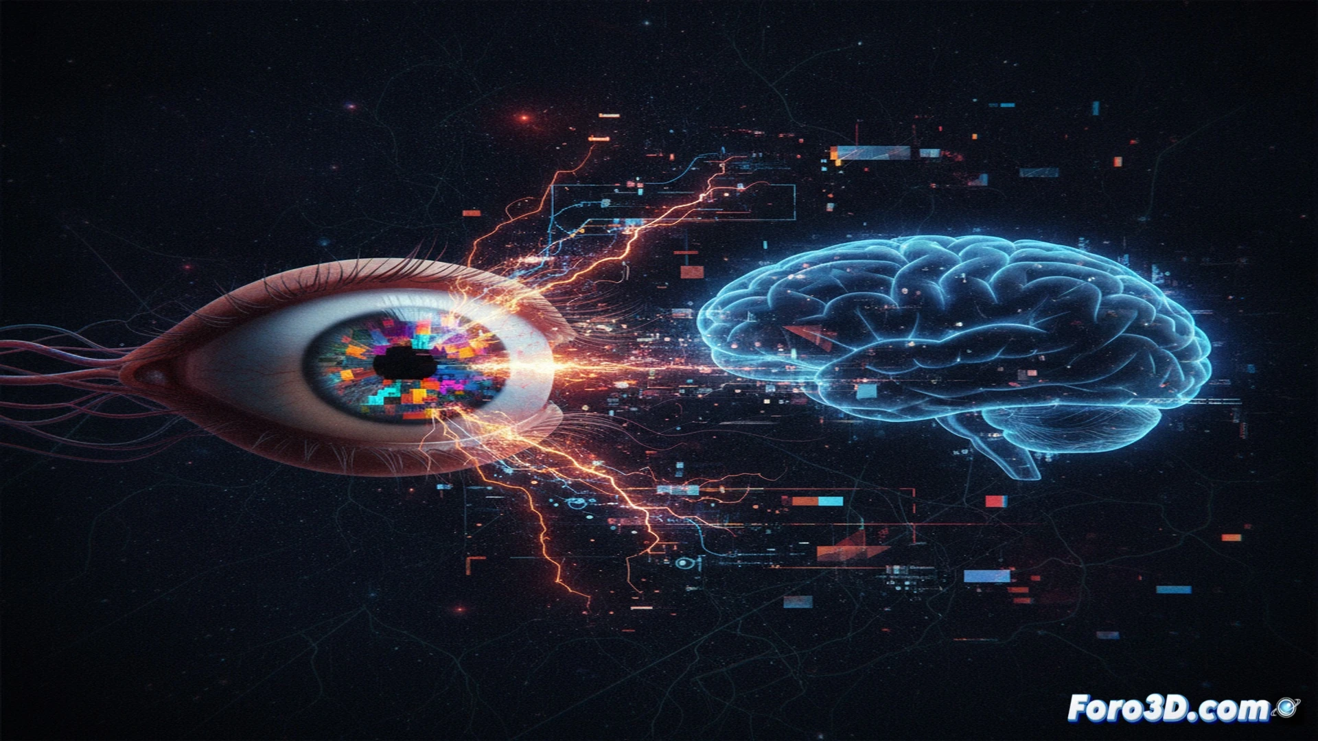 photorealistic technical illustration of a human eye and brain connection, glowing neural pathway between retina and visual cortex flickering with electric sparks, broken synapse signals represented as fragmented light particles, translucent anatomical layers showing optic nerve and brain cross-section, holographic data streams displaying distorted visual patterns like shapes and colors, dramatic blue and orange lighting, cinematic medical visualization, ultra-detailed biological structures, dark sterile background, error state visualization with red warning glows