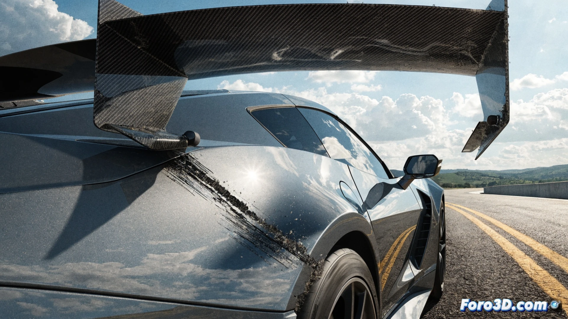 Chevrolet Corvette ZR1 en curva cerrada de circuito, alerón trasero activo en posición máxima de ataque, borde inferior del alerón rozando la pintura de la carrocería trasera, generando marcas visibles de abrasión y microarañazos en el panel de fibra de carbono, humo ligero de fricción elevándose mientras las virutas de pintura se desprenden, neumáticos traseros deformados por la fuerza lateral, suspensión comprimida, luz de freno encendida, fondo borroso de asfalto y barreras de seguridad, estilo cinematográfico hiperrealista, iluminación dramática de atardecer, textura metálica reflectante, ultra-detalle en el desgaste superficial, fotografía técnica de altas prestaciones.