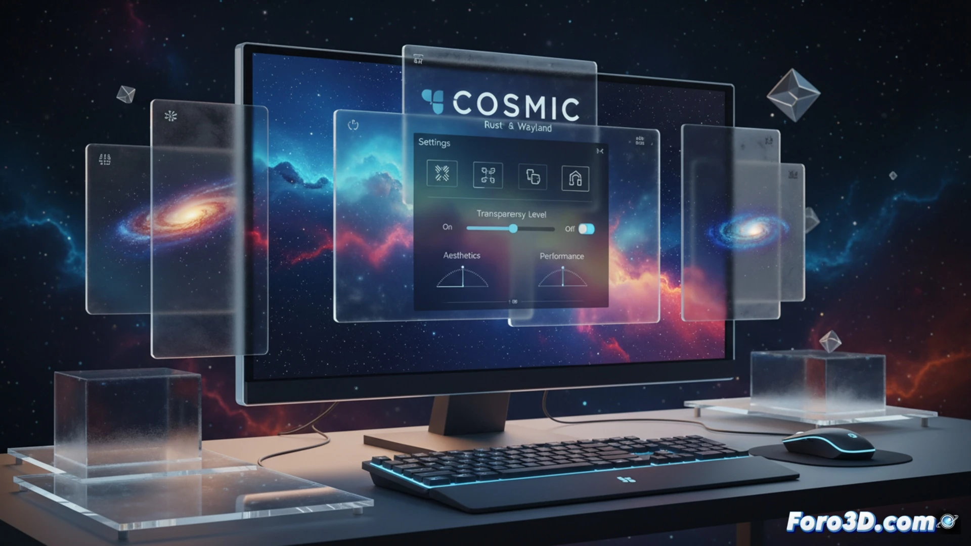 Frosted glass effect being applied to a modern Rust-based COSMIC desktop interface, translucent window panels overlapping with adjustable blur intensity, developer workspace showing code editor and terminal side by side, glowing translucent Aero-style title bars floating above a dark abstract background, smooth transition animation captured mid-action as transparency sliders move from opaque to semi-transparent, Wayland compositor architecture visible as subtle wireframe overlays behind the windows, cinematic technical visualization, soft diffused lighting through frosted glass surfaces, clean minimalist UI elements, photorealistic engineering render