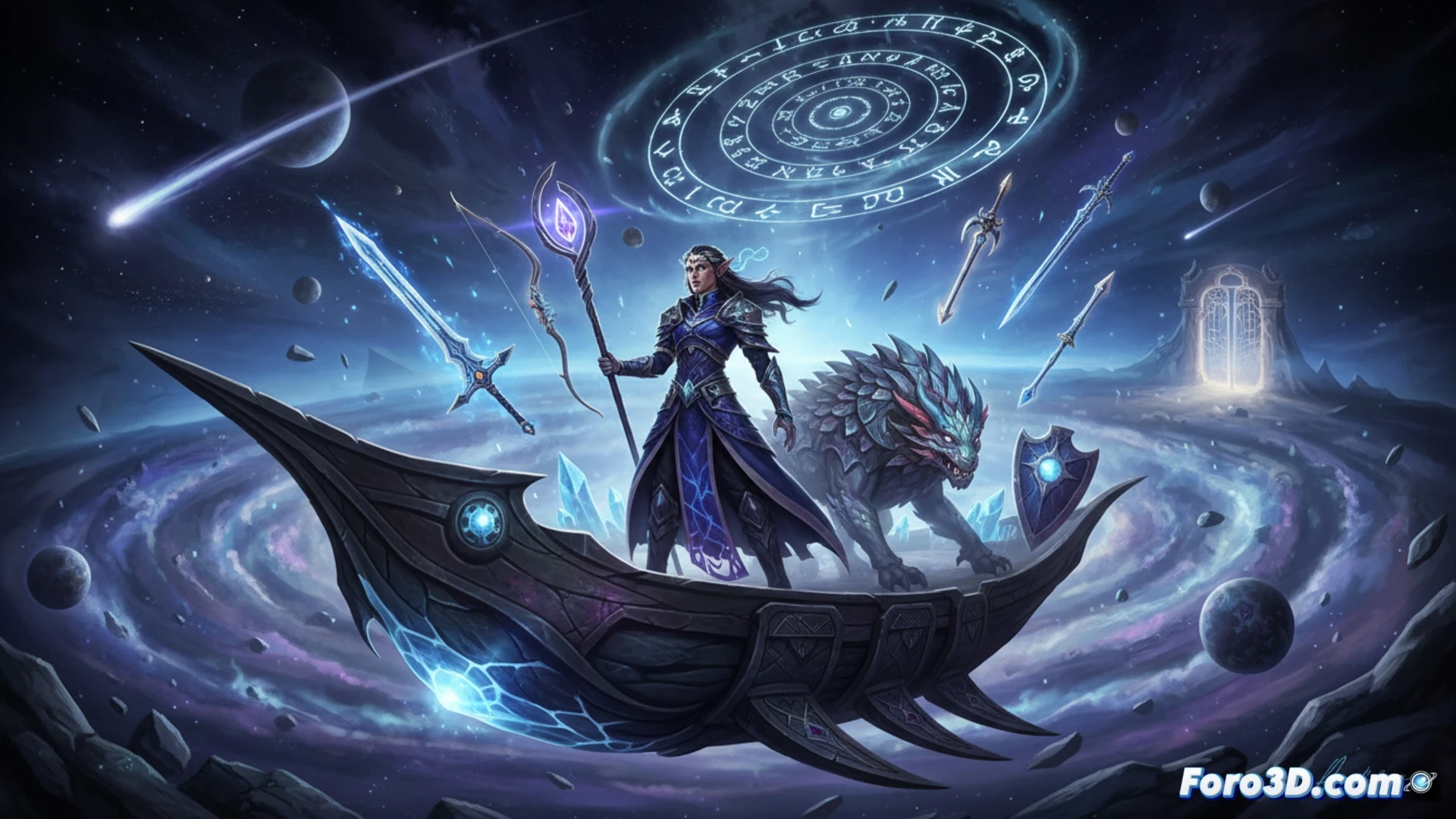 gaming monitor displaying Baldur's Gate 3 mod installation interface, cosmic-themed character selection screen with a new class icon glowing in purple, floating ethereal weapons and spell runes orbiting a hooded figure, keyboard with WASD keys illuminated, mouse clicking on download progress bar, cinematic technical illustration, vibrant neon blue and magenta lighting, particle effects swirling around the character, high-detail fantasy armor textures, photorealistic render, dramatic contrast between dark room and bright monitor glow, motion blur on cursor movement