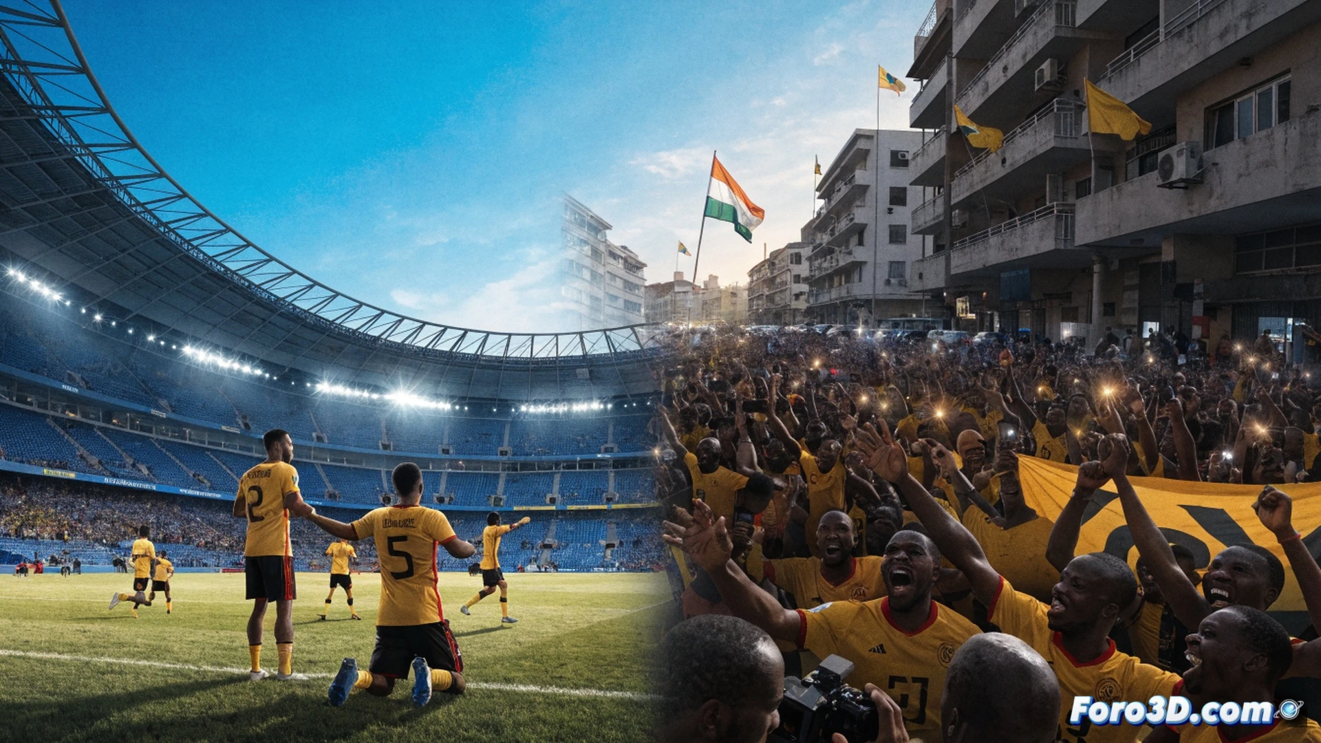 Photorealistic cinematic scene of Ivory Coast national football team players celebrating on a stadium field at night, Nicolás Pépé mid-kick scoring a goal, ball curving into net, stadium floodlights illuminating green grass, thousands of fans in stands waving orange and green flags, confetti falling, coach Emerse Faé raising arms in triumph, technical sports illustration style, high-speed action freeze-frame, dramatic backlighting, dynamic motion blur on flags and confetti, ultra-detailed player jerseys and facial expressions, stadium architecture visible, emotional victory atmosphere