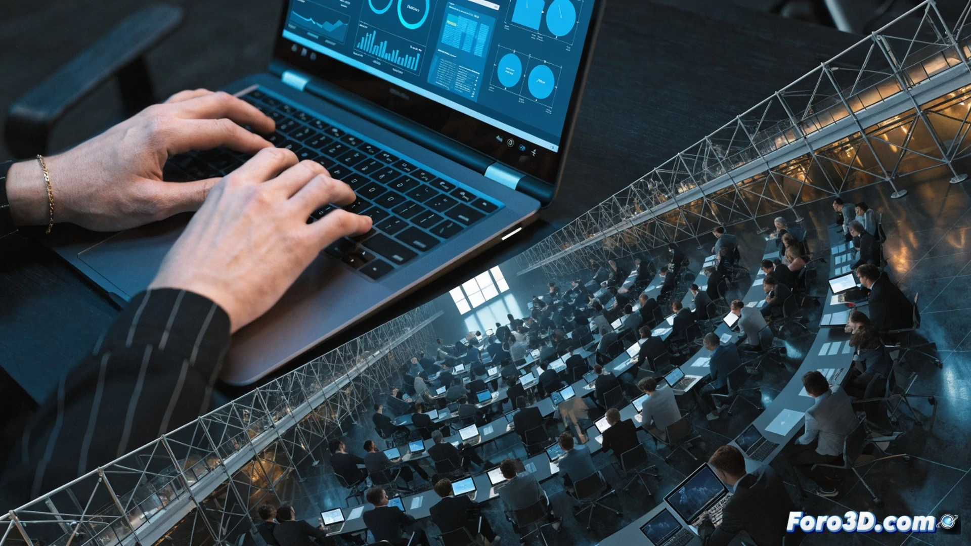 professional office scene showing a rising red line graph on a monitor, a human resources manager analyzing a spreadsheet with employee cost figures, a stack of coins and a calculator on the desk, a subtle upward arrow made of euro symbols floating above the screen, photorealistic technical illustration, warm office lighting, shallow depth of field, clean modern workspace, sharp focus on the financial data and hands typing on keyboard, cinematic corporate style