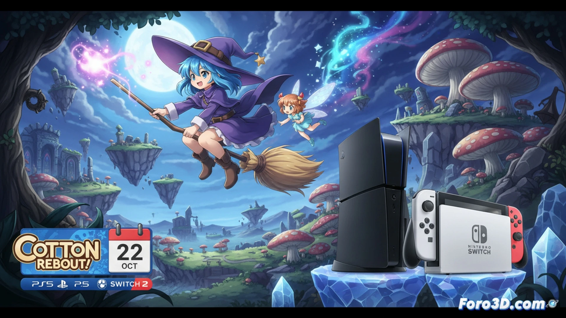 Cotton Reboot arcade shooter action scene, witch character riding a broomstick firing glowing magic bullets at flying mechanical enemies, pixel-art boss sprite with glowing weak points, retro CRT monitor displaying the game with scanlines, modern PlayStation 5 console and Switch 2 console connected via HDMI cables, game cartridge and disc on a wooden desk, dual soundtrack selection menu shown on screen, dynamic motion blur, bright neon pink and blue magical effects, nostalgic arcade cabinet aesthetic, cyberpunk lighting, detailed hardware textures, photorealistic technical illustration