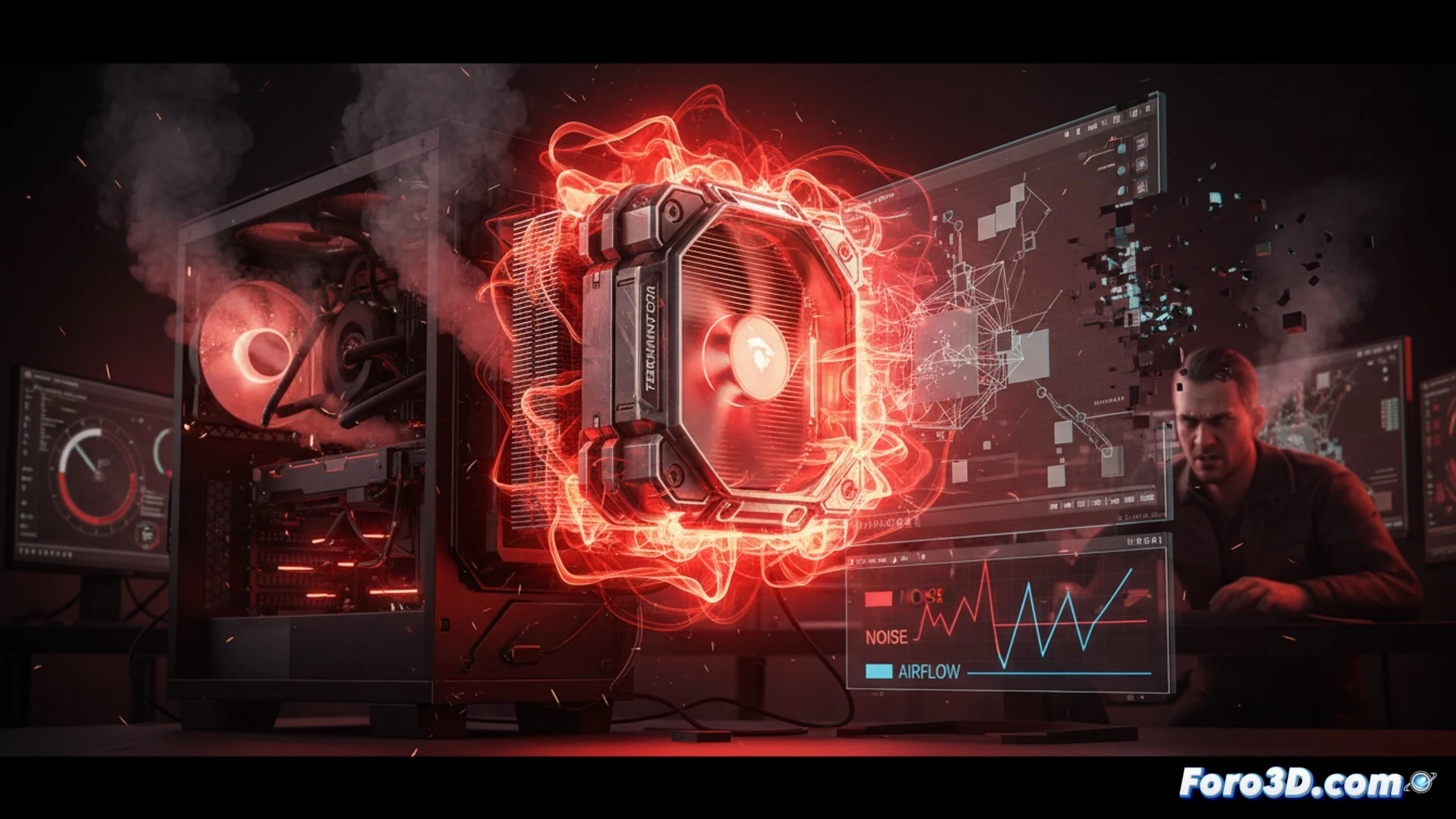 Ventilador Cougar Terminator Air en prueba de estrés con render 3D en estación de trabajo