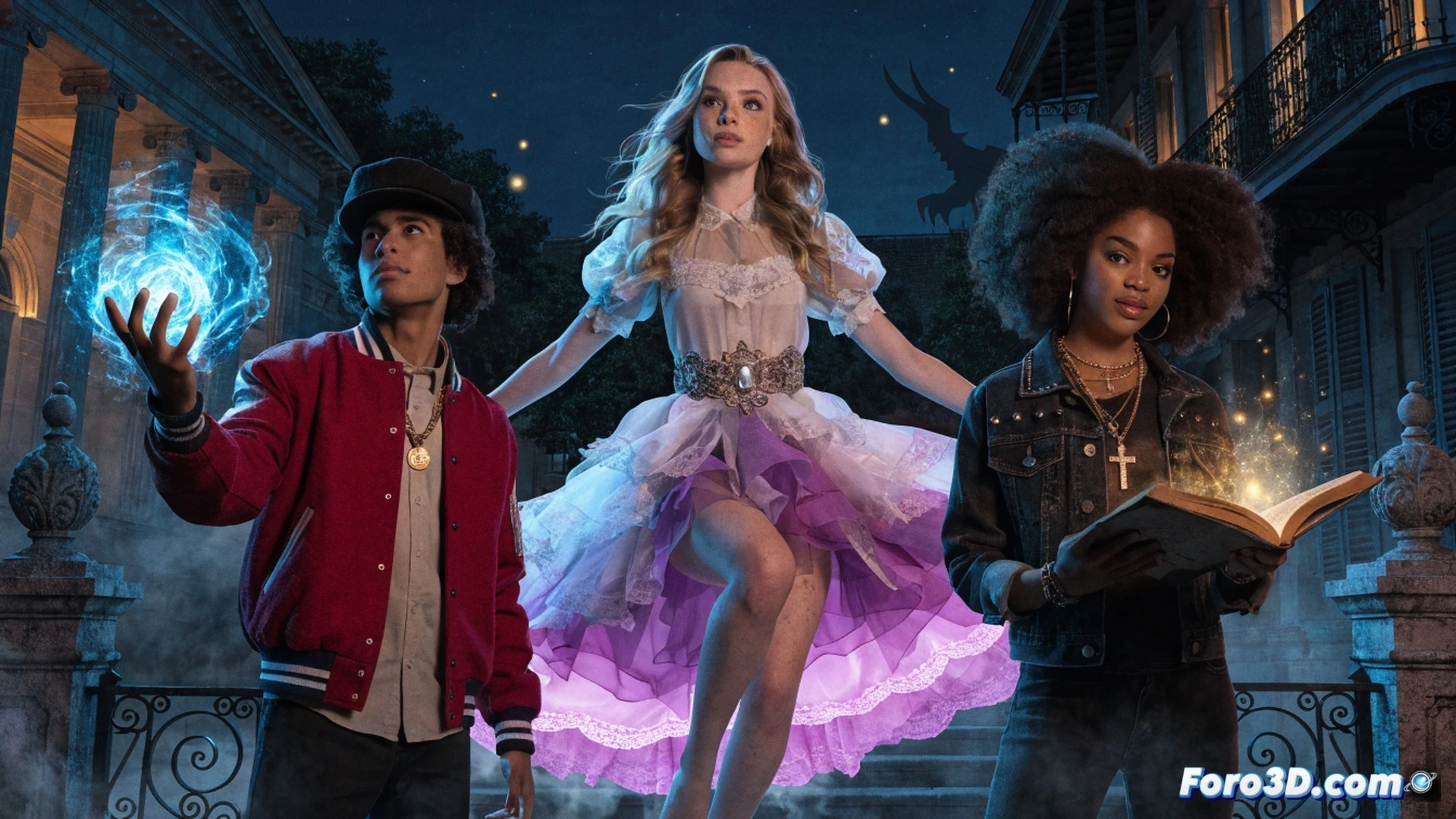 three teenage witches in school uniforms casting glowing spells in a moonlit New Orleans courtyard, one girl levitating a stack of ancient spellbooks while another channels blue energy from a crystal wand, a third student drawing protective runes in midair with glowing fingertips, Victorian wrought-iron balconies draped with Spanish moss, flickering gas lamps casting dramatic shadows, mystical symbols floating around their hands, cinematic fantasy shot, photorealistic style, magical particle effects, deep purples and teals, dynamic action pose, ultra-detailed cobblestone textures, soft atmospheric fog, dramatic backlighting from a crescent moon