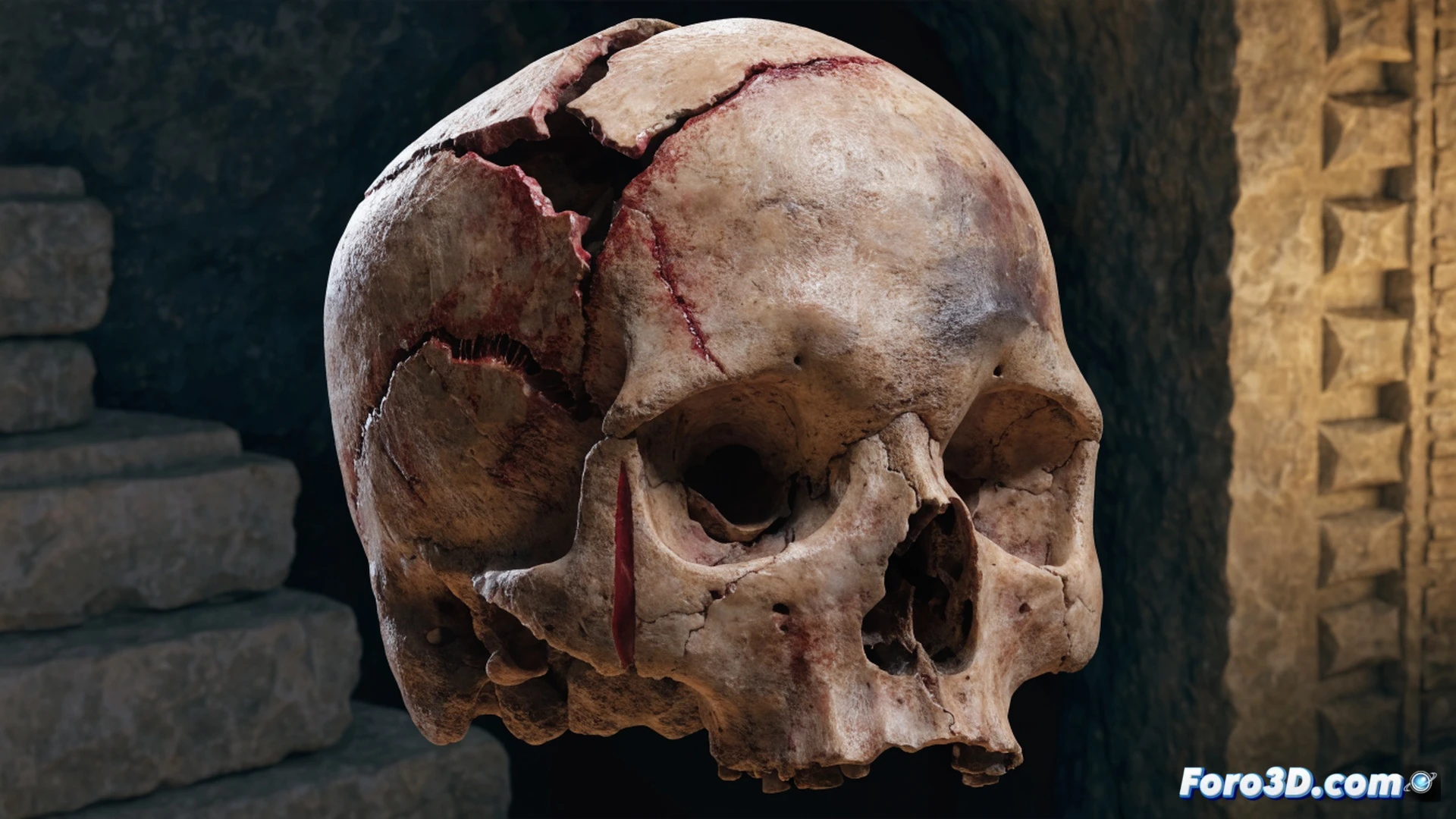 Cráneo femenino longobardo con dos heridas visibles, fractura contundente en parietal y corte de cuchillo en frontal, arqueólogos examinando con luz rasante durante excavación en Cividale del Friuli, herramientas de medición digital y pinceles junto al fósil, mostrando proceso forense de análisis, fondo de tierra estratificada y fragmentos cerámicos, estilo cinematográfico fotorrealista, iluminación dramática de estudio, textura ósea detallada, sombras marcadas, composición vertical de primer plano técnico