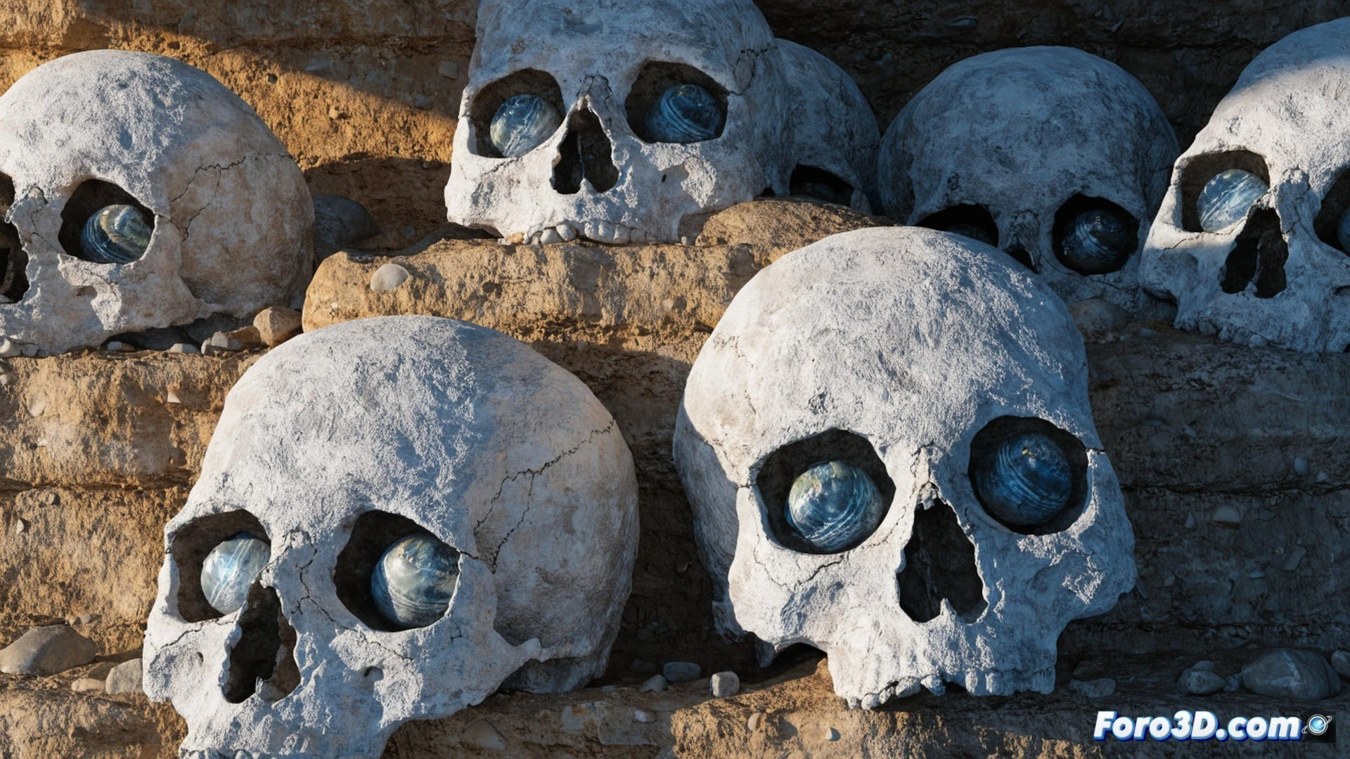 ancient Jericho artisan reconstructing a human skull face with wet plaster, hands pressing fine white gypsum over cranial bone, cowrie shells being inserted into eye sockets, dried skulls lined on stone floor, clay mixing bowl and primitive tools nearby, warm terracotta dust particles floating in shaft of sunlight, archaeological excavation context, photorealistic technical illustration, dramatic chiaroscuro lighting, textured plaster surface showing finger marks, ultra-detailed bone grain and shell iridescence, cinematic archaeological visualization