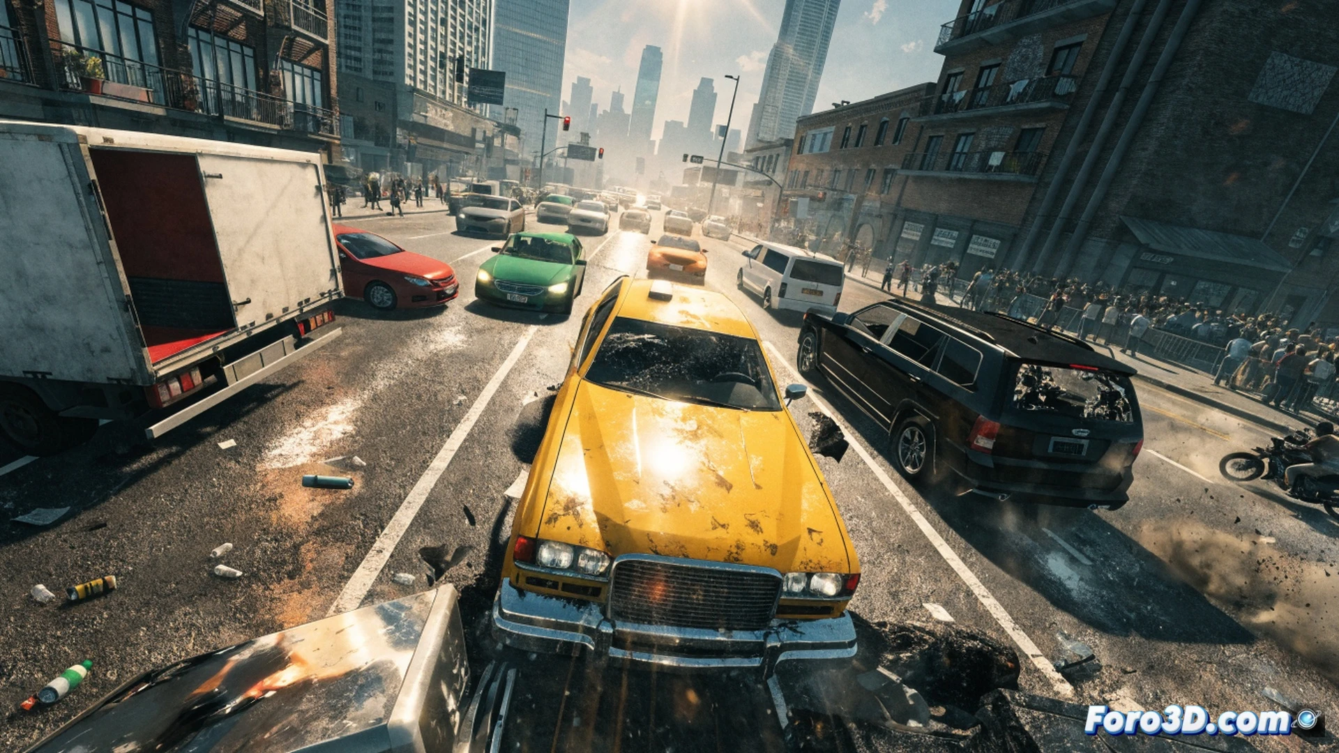 a yellow taxi drifting at high speed through a dense urban intersection, Dragon Engine real-time reflections on glossy vehicle body, multiple cars and neon-lit buildings blurring in motion, chaotic traffic flow with particle effects from tire smoke and debris, cinematic racing action, dynamic camera angle following the taxi's drift, photorealistic rendering with dramatic sunset lighting, detailed asphalt texture and street markings, technical visualization of chaos simulation, ultra-detailed vehicle damage model