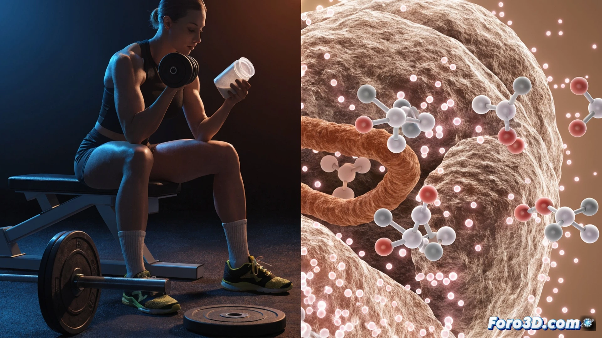 A laboratory scene showing a female researcher in her 50s holding a creatine supplement container while examining a brain MRI scan and a muscle tissue diagram on a digital tablet, a glowing question mark symbol hovering above the tablet indicating scientific uncertainty, scattered clinical study papers with weak data graphs on the desk, a small gym bag with dumbbells in the background, photorealistic technical illustration, cold clinical lighting, sharp focus on the contrast between the supplement bottle and the inconclusive medical data, ultra-detailed textures of plastic bottle and paper fibers, cinematic composition
