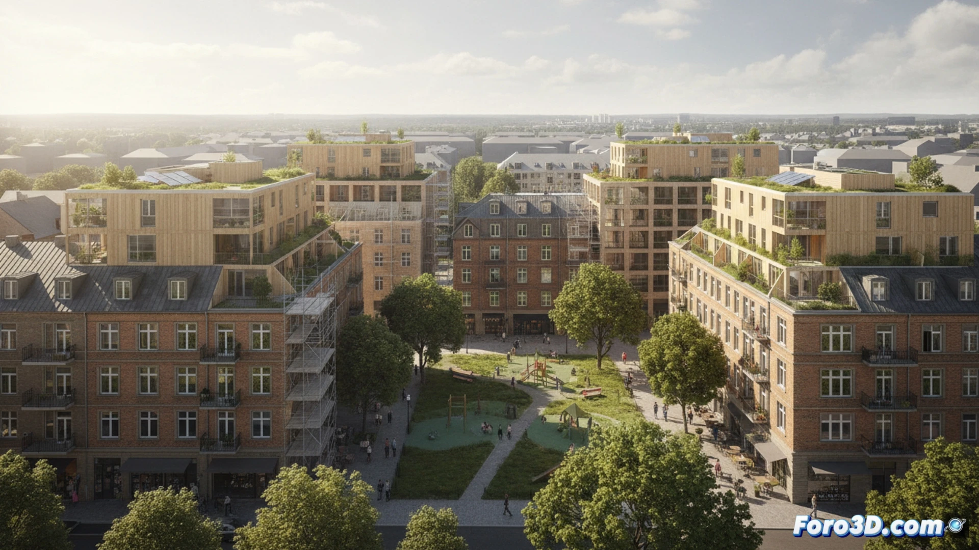 Bloques de viviendas de mediana altura de seis a nueve pisos integrándose sin demolición en un barrio existente, mientras grúas colocan módulos prefabricados sobre azoteas verdes, mostrando el proceso de renovación urbana vertical sin expansión horizontal, calles arboladas conservadas bajo los nuevos edificios, ingenieros revisando planos estructurales en tabletas digitales, comparación visual entre zonas verdes preservadas y nueva construcción, estilo cinematic photorealistic technical illustration, luz natural de atardecer, texturas de hormigón y vidrio, vegetación densa en primer plano, cielo despejado, alta definición arquitectónica