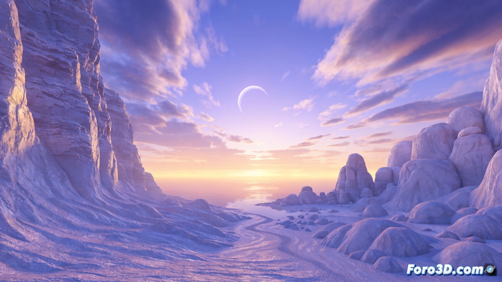 Crescent County game world at eternal sunset, soft pastel hills and pastel houses under a static orange-pink sky, a small delivery scooter driving along a curved road while its headlight casts a warm glow, Unity engine interface faintly visible as wireframe overlay on the horizon, minimalist low-poly trees casting no shadows, pastel gradient fog fading into the distance, calm and clean technical illustration style, flat lighting with no harsh contrasts, toy-like vehicle with rounded edges, smooth pastel color palette, gentle motion blur on the scooter wheels, no text or numbers, dreamy atmospheric scene