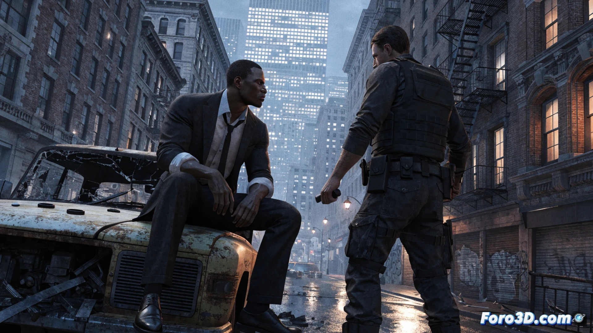 crime boss rockay city heist gameplay scene, three armed characters in tactical gear breaching a reinforced steel door during the hells kitchen mission, one character holding a breaching shotgun while another uses a lockpick tool on a security panel, sparks flying from exposed wiring, bank vault visible in background with digital keypad and surveillance cameras, cinematic action shot with dramatic shadows and neon city lights through windows, photorealistic technical illustration, motion blur on gun barrel, detailed weapon textures and armor plating, ultra-realistic lighting with volumetric fog, high-contrast urban night atmosphere