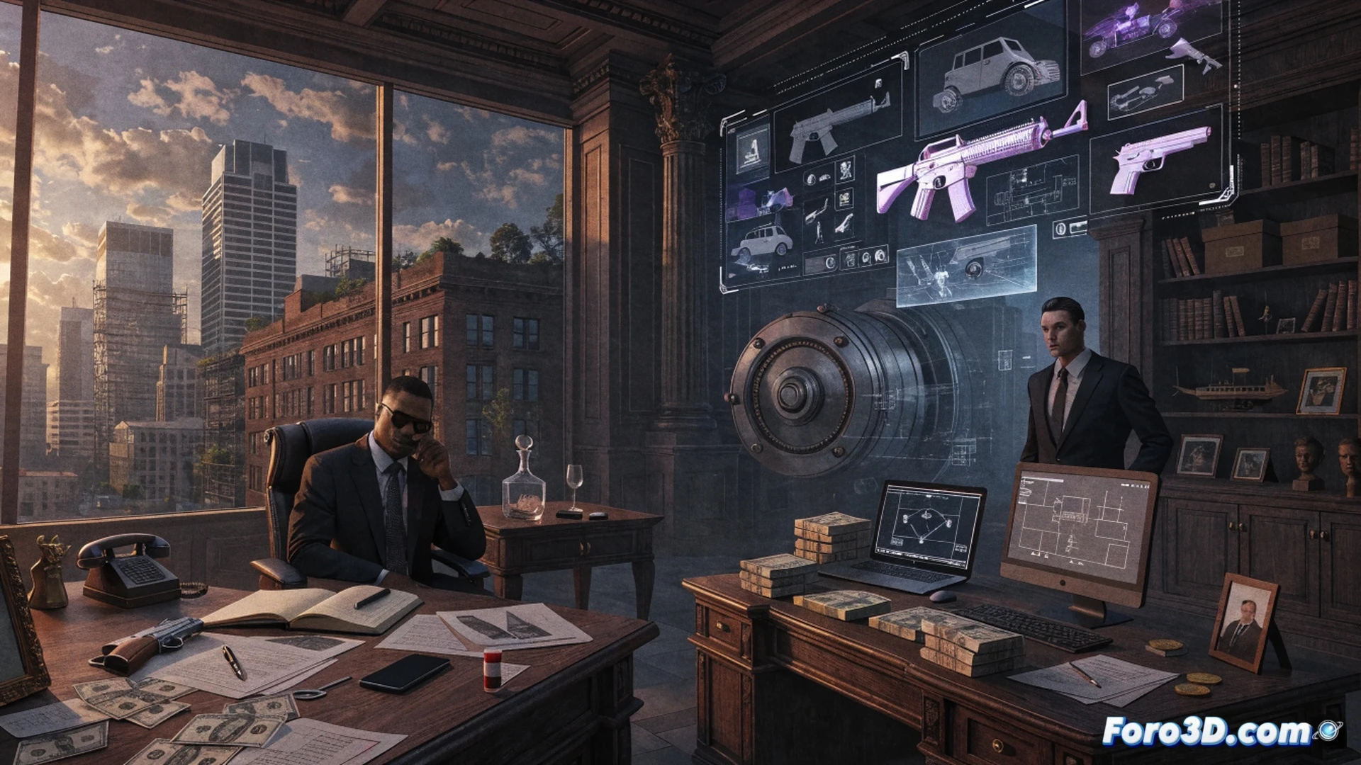 Cinematic scene of a neon-lit bank vault interior, a masked criminal team drilling into a reinforced steel door while holographic blueprints float above a tablet on the floor, security cameras with red blinking lights overlook the action, one thief uses a crowbar on a glass display case, scattered cash bundles and smoke grenades nearby, photorealistic technical illustration, dramatic shadows from overhead spotlights, detailed textures on concrete walls and metal equipment, sparks from the drill hitting steel, ultra-realistic heist atmosphere