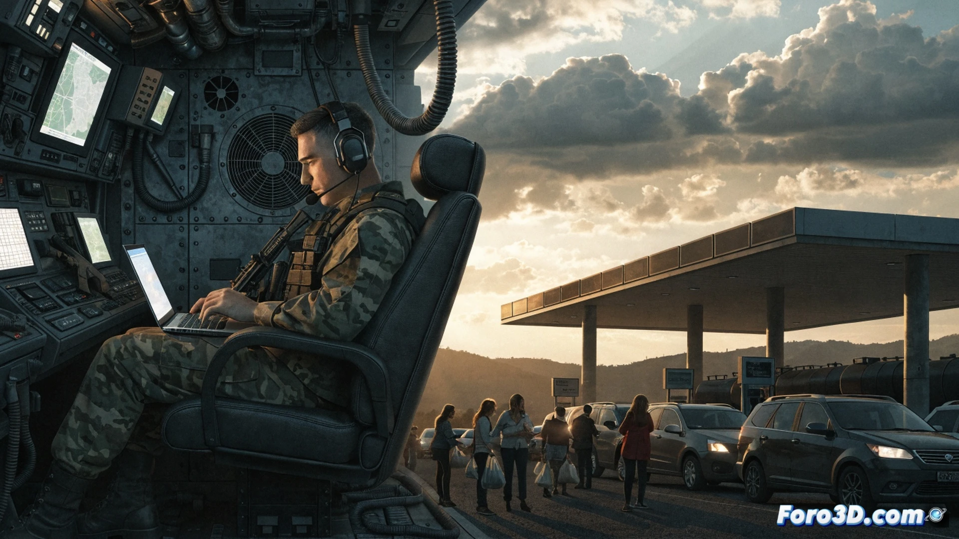 Crimean gas station with empty pumps, a civilian car stopped on the roadside, driver looking at a fuel nozzle hanging idle, cracked asphalt, distant military convoy passing on the horizon, contrast between civilian immobility and war machinery moving, photorealistic cinematic scene, overcast sky, dust particles in the air, worn-out vehicle paint, rusted metal details, dramatic low-angle shot, war consequences visible through civilian hardship, no text, no numbers, no letters