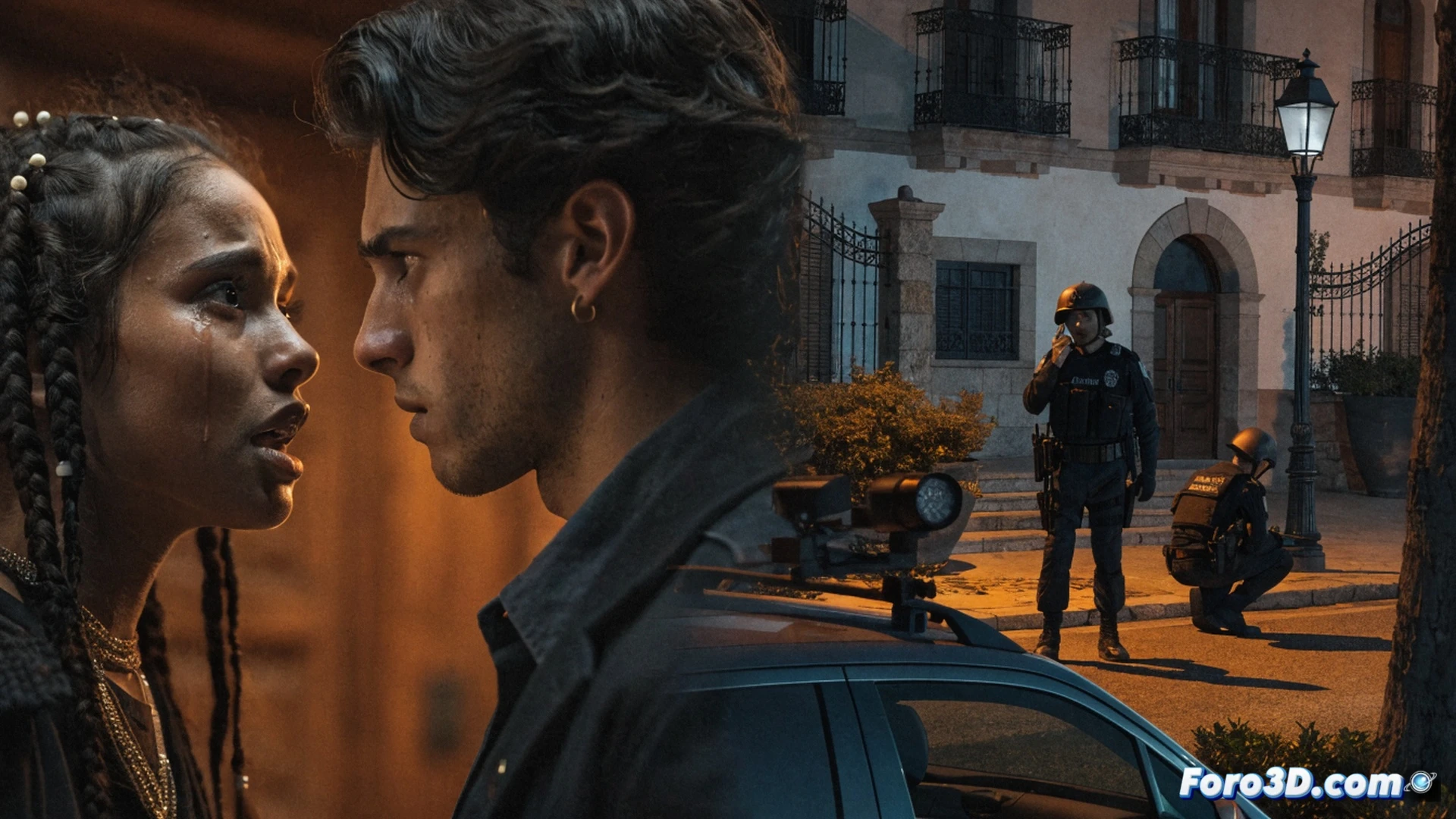 Guardia Civil officers examining evidence markers near a residential doorway in Almenara, forensic kit open on ground showing fingerprint powder and UV light, patrol car with flashing blue lights in background, reinforced police presence visible with second vehicle arriving, realistic crime scene investigation, dusk lighting casting long shadows, photorealistic cinematic style, technical detail on evidence collection tools, calm yet tense atmosphere, ultra-detailed street texture and building facade
