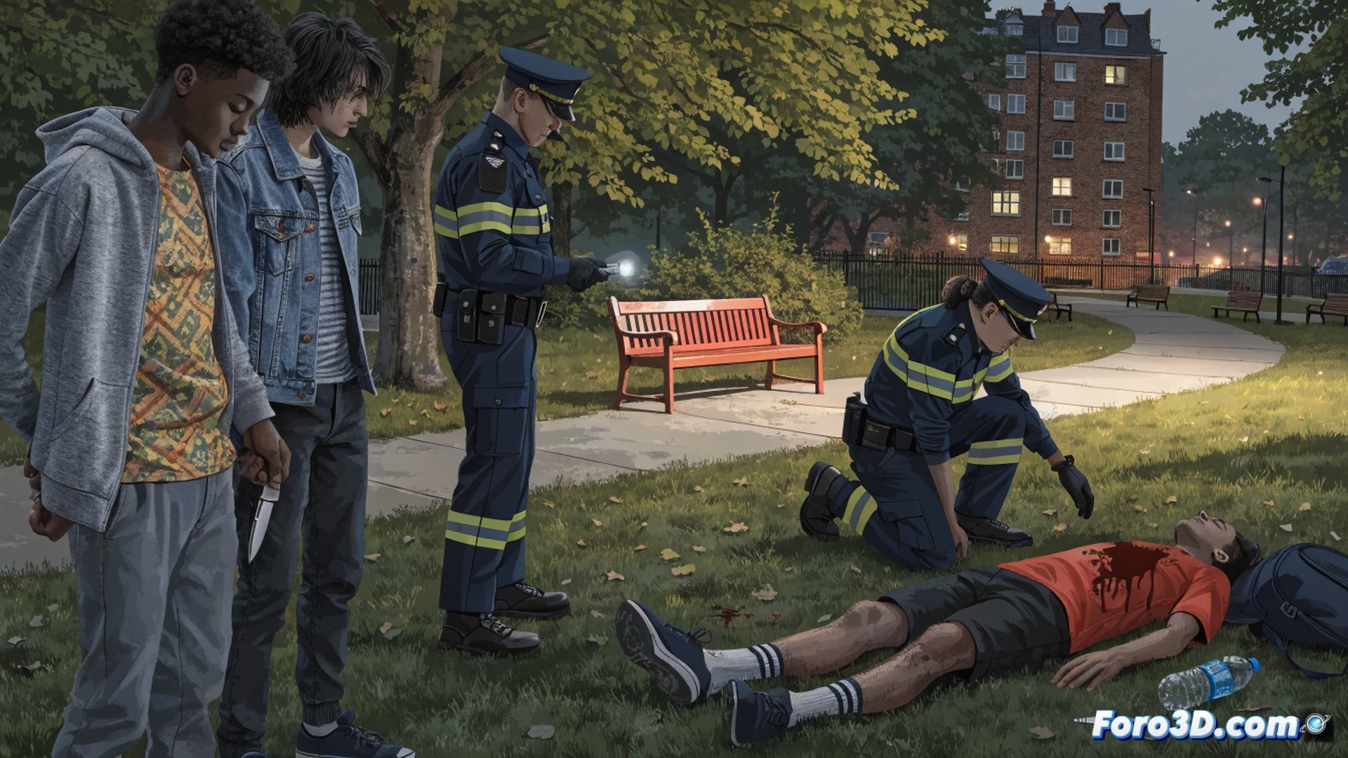 Photorealistic cinematic scene of a public park in Chelmsford at dusk, yellow police tape cordoning off a playground area, forensic investigators in white suits examining a bloodstained knife on grass near a bench, two uniformed officers restraining a struggling teenager while another officer secures a small bag of white powder, park swings motionless in background, crime scene evidence markers placed on ground, dramatic overcast lighting, high-contrast shadows, ultra-detailed textures of grass and metal, documentary-style crime scene photography aesthetic, no text or numbers visible