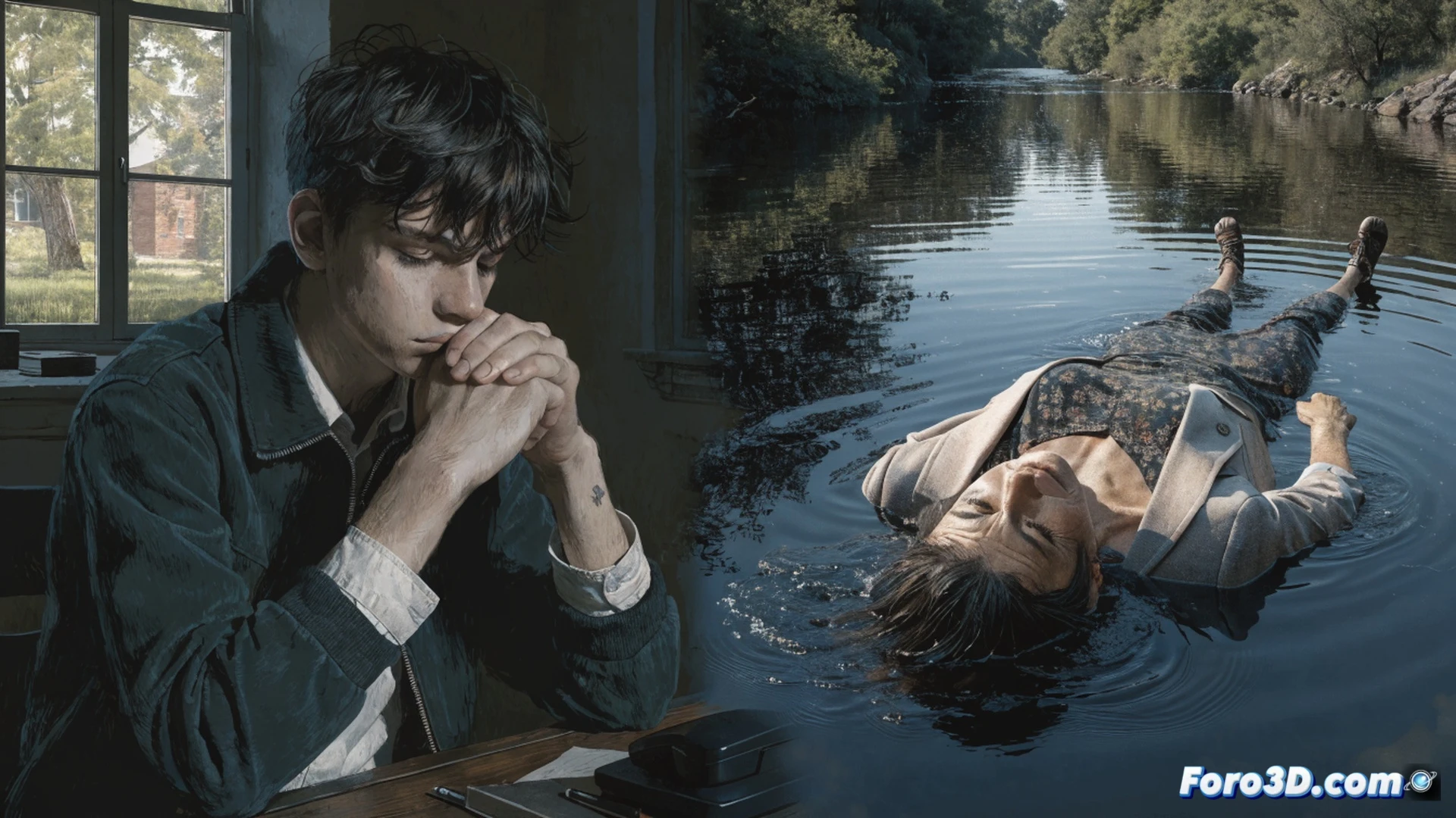 Forensic reconstruction of a river crime scene, muddy bank of Lemene river at twilight, a teenage hand releasing a bloody knife into murky water, droplets splashing on a discarded smartphone screen showing cracked glass, police evidence markers glowing faintly on wet grass, cinematic true-crime visualization, dark blue water reflections, high-contrast shadows, photorealistic technical illustration, chilling atmospheric lighting