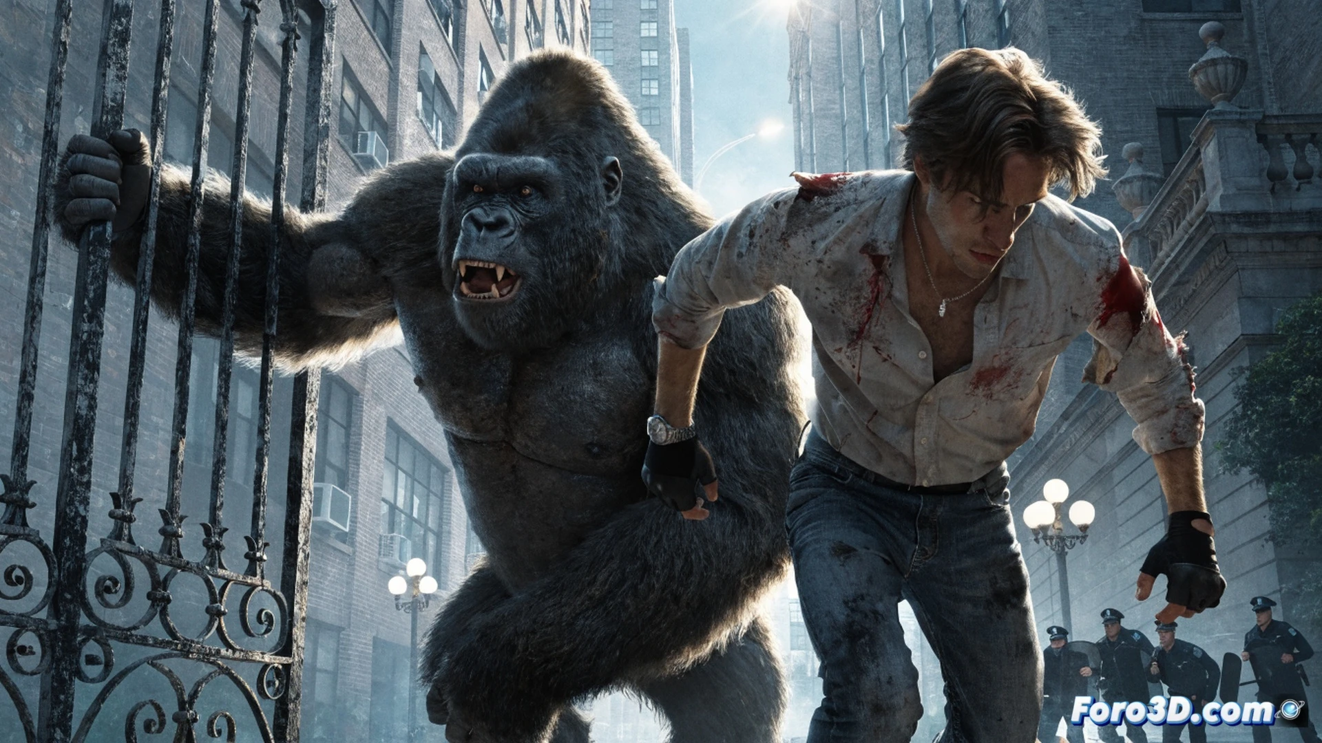 cinematic scene of a muscular gorilla in a torn trainer vest running through a dark forest at night, a panicked animal trainer gripping a broken leash while fleeing beside him, both looking back in fear, flashlight beams cutting through dense fog, tree branches whipping past, mud splashing underfoot, dramatic moonlight breaking through canopy, high-contrast shadows, photorealistic comic book style, intense motion blur on leaves and debris, cinematic horror lighting with deep greens and oranges, ultra-detailed fur texture and sweat on human skin