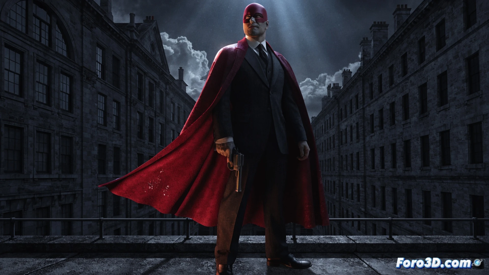 Lee Travis in crimson suit and mask, 1930s noir alleyway, aiming a smoking revolver at a fleeing shadow figure, vintage printing press in background with ink rollers and metal type blocks, yellowed comic pages scattered on wet cobblestones, cinematic film noir style, amber streetlamp casting long shadows, motion blur on gun muzzle flash, aged paper texture overlay, photorealistic historical illustration, dramatic chiaroscuro lighting, ultra-detailed fabric folds and leather gloves