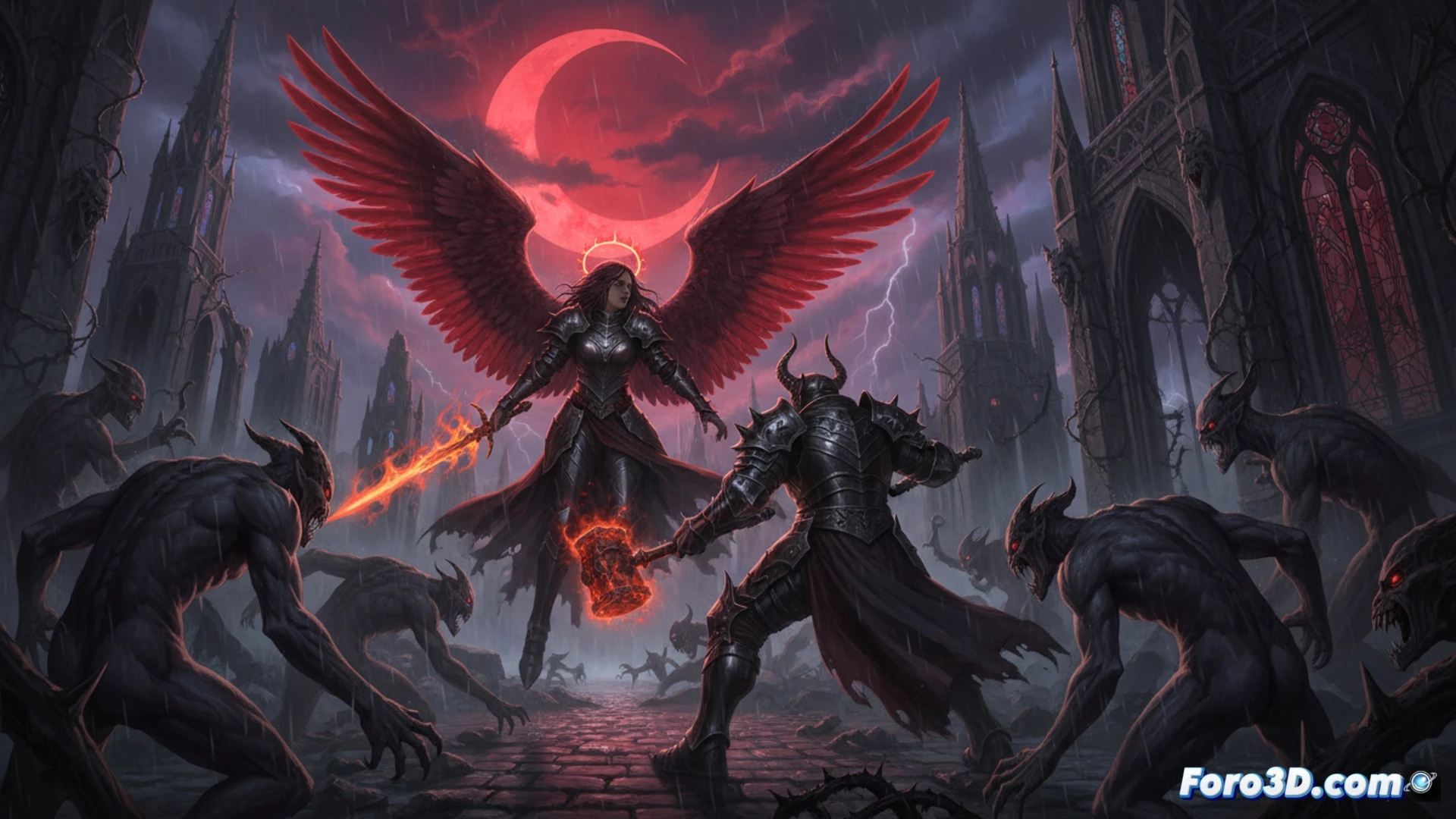 gothic cathedral rooftop battle scene, half-angel protagonist with tattered white wings swinging a glowing longsword at a horned demon with molten skin, second player character in dark armor flanking from behind with a chain-whip, cobblestone street below littered with shattered stained glass and fallen demon corpses, blood-red moon illuminating the city skyline, ruined spires and wrought-iron balconies in the background, intense melee combat motion blur, sparks from blade impact, cinematic photorealistic rendering, dramatic chiaroscuro lighting, dark crimson and silver color palette, ultra-detailed gothic architecture textures, particle effects from divine energy, cooperative action moment frozen mid-strike