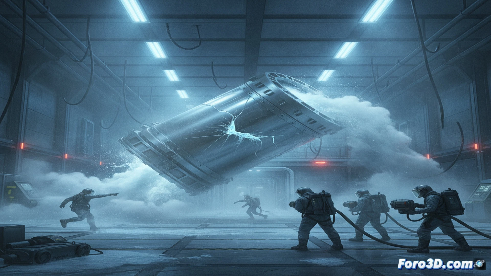 Cryogenic tether failure in containment zone, liquid nitrogen vapor cloud expanding rapidly across concrete floor, emergency lights flashing red, technicians in protective suits rushing away from the ruptured cryoferret, warning panels glowing on wall, broken metallic anchor cables dangling from ceiling mount, frost forming on nearby equipment, dramatic low-angle shot, cinematic engineering visualization, cold blue and white steam mixing with harsh red alarm lighting, ultra-detailed industrial environment, photorealistic technical render