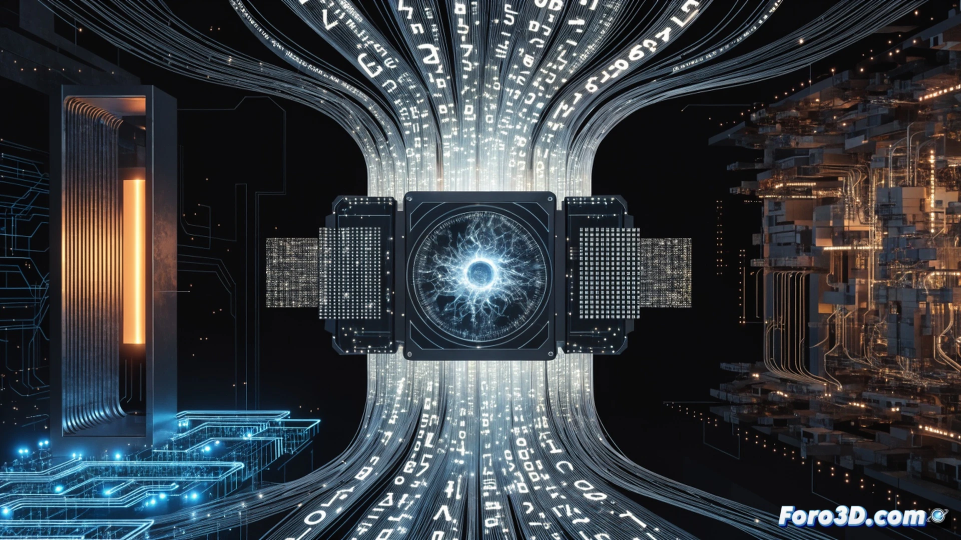 quantum computing processor glowing with error correction circuits, AI neural network interface scanning post-quantum encryption algorithms, holographic shield fracturing around a data server rack, red vulnerability paths traced by glowing lines across cryptographic keys, cinematic engineering visualization, dark data center interior, blue and cyan light beams intersecting with red threat indicators, motion blur on attacking code fragments, ultra-detailed silicon chip textures, photorealistic technical render with dramatic industrial lighting