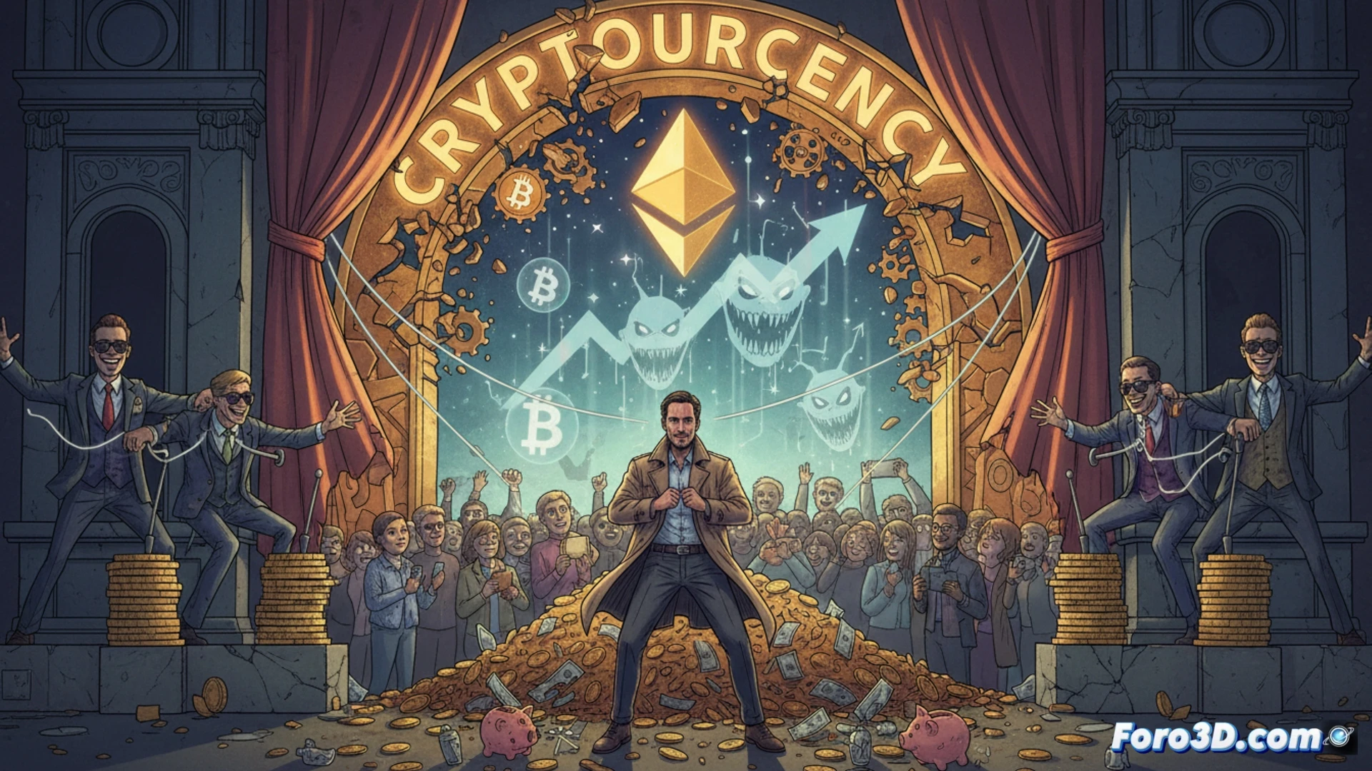 Cinematic scene of a shattered digital coin facade crumbling into dust, revealing a tangled web of glowing fiber optic cables and broken server racks underneath. A shadowy hand pulls a marionette string attached to a Bitcoin symbol, while scattered screens show fake profit graphs crashing to zero. Photorealistic technical illustration, dramatic low-angle lighting, metallic debris floating mid-air, dark cyberpunk atmosphere, hyper-detailed circuit board textures, visual metaphor of deception and collapse.