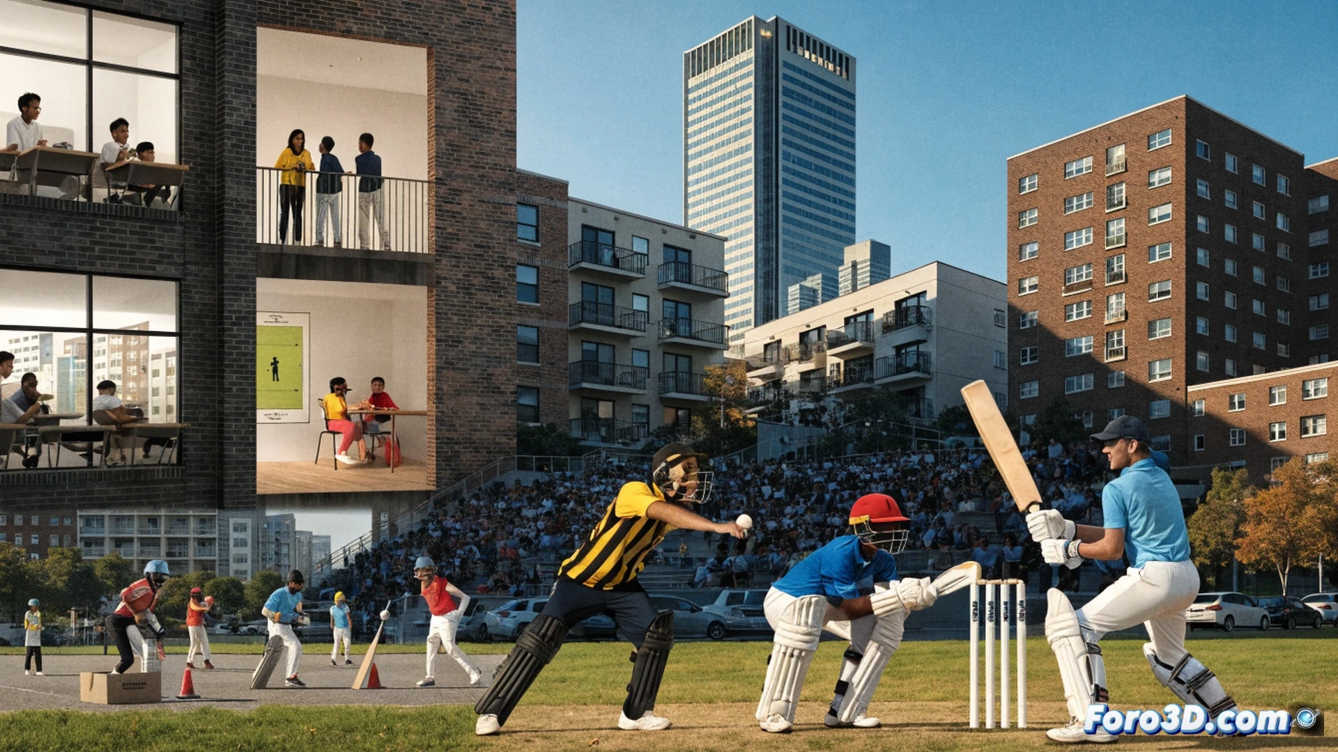 young cricket players from diverse backgrounds in Houston field during a match, bat making contact with ball, dust rising from pitch, blurred background of suburban park with school buildings visible, multicultural families watching from sidelines, children in cricket whites and casual wear, dynamic action shot, photorealistic sports photography style, golden hour lighting casting long shadows, sharp focus on bat-ball impact, motion blur on running players, technical detail in cricket gear and field markings, cinematic wide-angle perspective