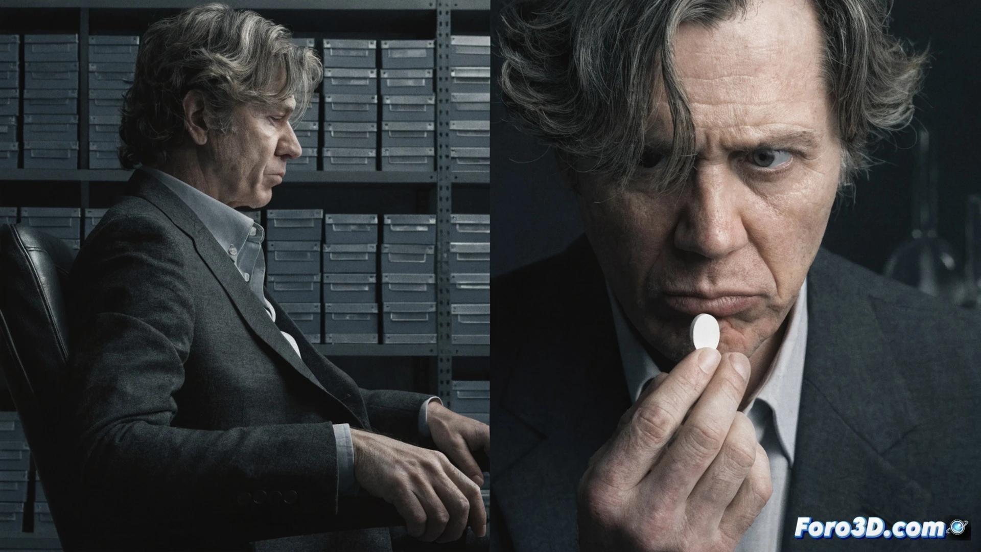 cinematic shot of Gary Oldman character in a dimly lit pharmaceutical lab, holding a tablet displaying a molecular diagram of oxycodone, while a syringe and prescription bottles scatter across a metal table, a computer monitor shows a pharmaceutical supply chain network map with red warning markers, dramatic shadows cast by harsh overhead fluorescent lights, photorealistic technical illustration, intense facial expression during a tense moment of revelation, cold blue-gray color palette, ultra-detailed textures on lab equipment and documents, shallow depth of field focusing on the tablet screen and actor's hands