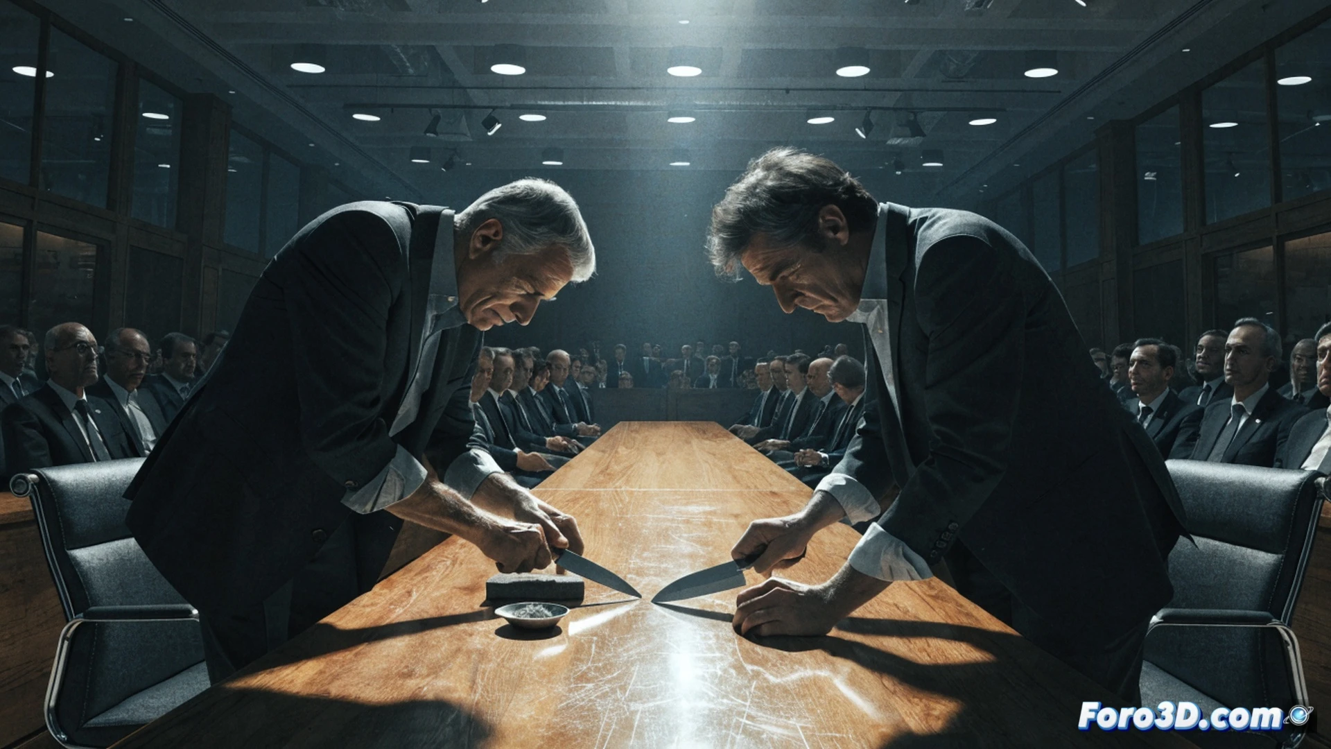 PSOE Comité Federal meeting room tension, two regional leaders Page and Barbón sharpening large kitchen knives while seated at a long conference table, party documents and corruption case files scattered across the table, smartphones showing breaking news headlines, other committee members looking concerned in background, dramatic split lighting with half the room in shadow, photorealistic editorial photography style, intense political atmosphere, detailed wood grain table surface, suits and ties, visible anger and determination on faces, cinematic depth of field, hyperrealistic textures