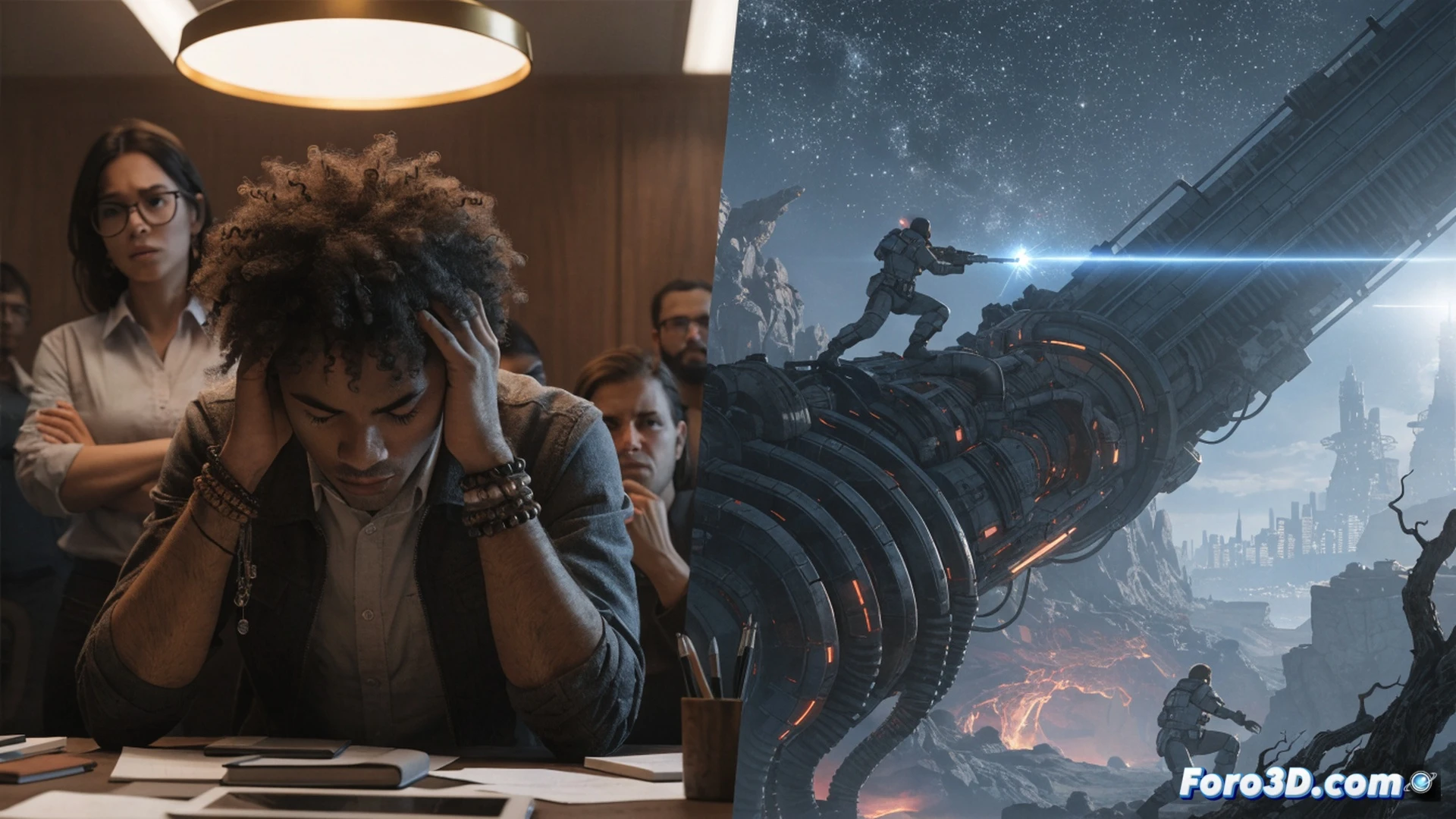 game development studio interior, stressed programmers huddled around monitors displaying fragmented Star Wars Eclipse code, empty desks with abandoned coffee cups and stacked papers, a whiteboard showing crossed-out project milestones and a red circled number 115, server racks with blinking warning lights, a manager figure standing apart holding a phone with NetEase logo visible, dramatic chiaroscuro lighting, cinematic photorealistic technical illustration, tense atmosphere, flickering fluorescent lights casting long shadows, ultra-detailed workstation clutter, emotional exhaustion visible in body language