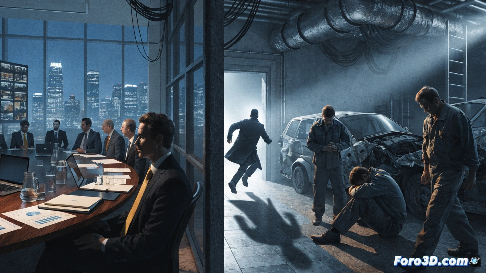 cinematic engineering visualization, boardroom scene showing a polished wooden table with scattered financial reports and stock charts, a fleeing executive silhouette in a blurred doorway while investors reach toward him with money bags, factory workers visible through a glass wall assembling car components with robotic arms, a cracked Nissan logo on the wall behind them, dramatic chiaroscuro lighting casting long shadows, photorealistic corporate interior, metallic surfaces reflecting distorted faces, tension visible in body language, ultra-detailed textures on suits and machinery