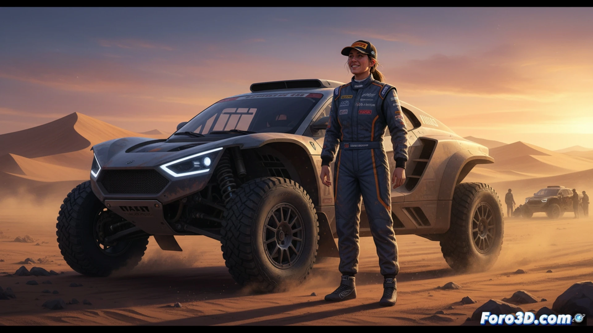 off-road rally car driving across arid desert dunes at sunset, dust clouds trailing behind, front suspension compressing over rough terrain, cockpit view showing hands gripping steering wheel with mud-caked racing gloves, dashboard GPS screen displaying off-road navigation map, roll cage visible through rear window, cinematic engineering visualization, warm golden hour lighting, photorealistic rally technical render, motion blur on wheels, intense dust particles floating