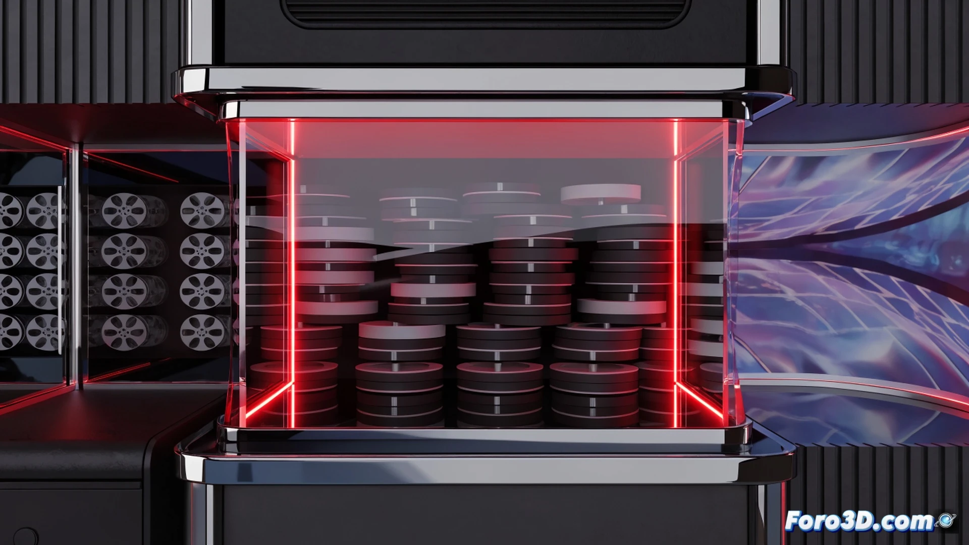Ultra-detailed cinematic render of a premium wooden cabinet with 3D depth, collector edition Blu-ray cases sliding into custom slots during assembly, polished brass handles and soft LED strip lighting illuminating the shelves, cinephile hands carefully arranging cult film boxes, photorealistic technical illustration, warm ambient glow, precise joinery and mechanical drawer slides visible, rich mahogany grain texture, dramatic side lighting emphasizing the tridimensional structure, high-end furniture photography style
