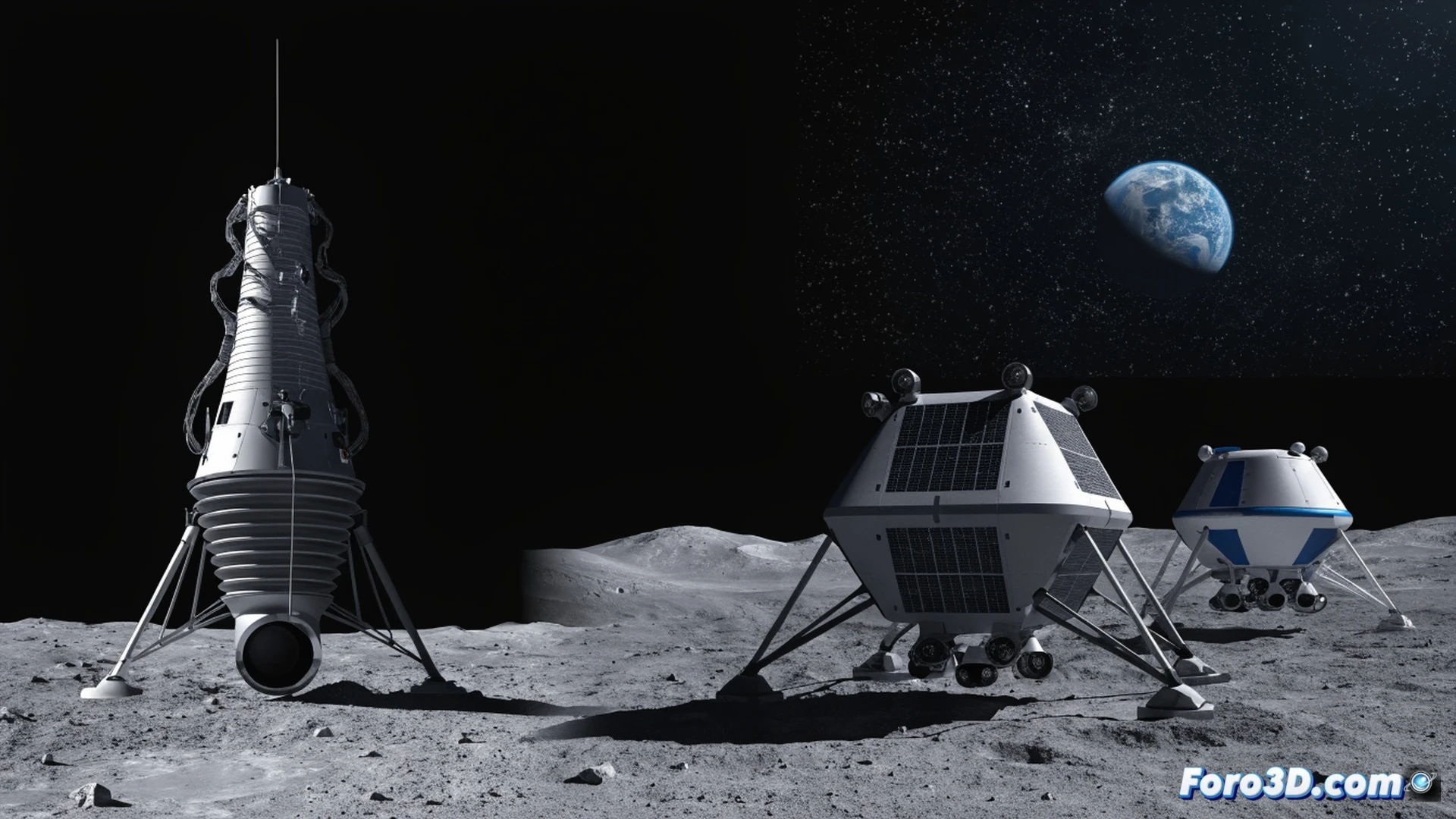 cinematic engineering visualization of a lunar lander descending towards the Moon surface, dual-engine cluster firing with precise thrust vectoring, redundant propulsion systems clearly visible through transparent cutaway panels, glowing blue exhaust plumes reflecting off cratered grey regolith, while a discarded single-engine blueprint floats in the background with a red cancellation stamp overlay, SpaceX and Blue Origin landing vehicles docked with Orion capsule in lunar orbit during the descent process, photorealistic technical illustration, dramatic space lighting with Earth crescent in background, ultra-detailed metallic surfaces and thermal shielding, high contrast industrial aesthetic, motion blur on landing gear deployment