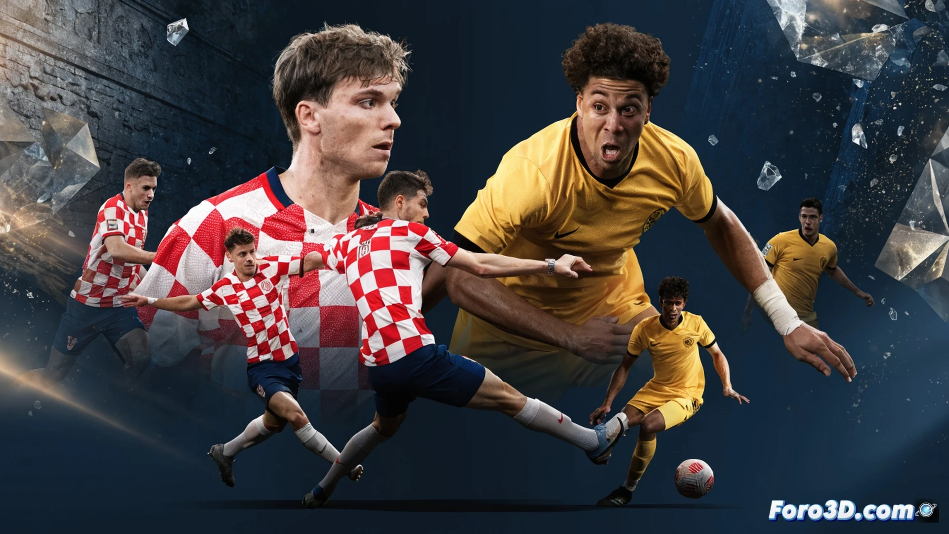 Croacia defensa en acción durante partido de fútbol, jugadores con camisetas a rayas rojiblancas replegándose en bloque bajo, delantero de Panamá con camiseta roja intentando penetrar, balón en disputa en el área penal, entrenador Zlatko Dalic señalando instrucciones desde la banda, marcador táctico con líneas defensivas dibujadas en pizarra digital en primer plano, estadio lleno con banderas croatas, iluminación nocturna de reflectores, estilo cinematográfico fotorealista, movimiento borroso en jugadores corriendo, sudor visible, expresión de concentración, gráficos de calor defensivo superpuestos como overlay técnico, ángulo de cámara bajo dramático