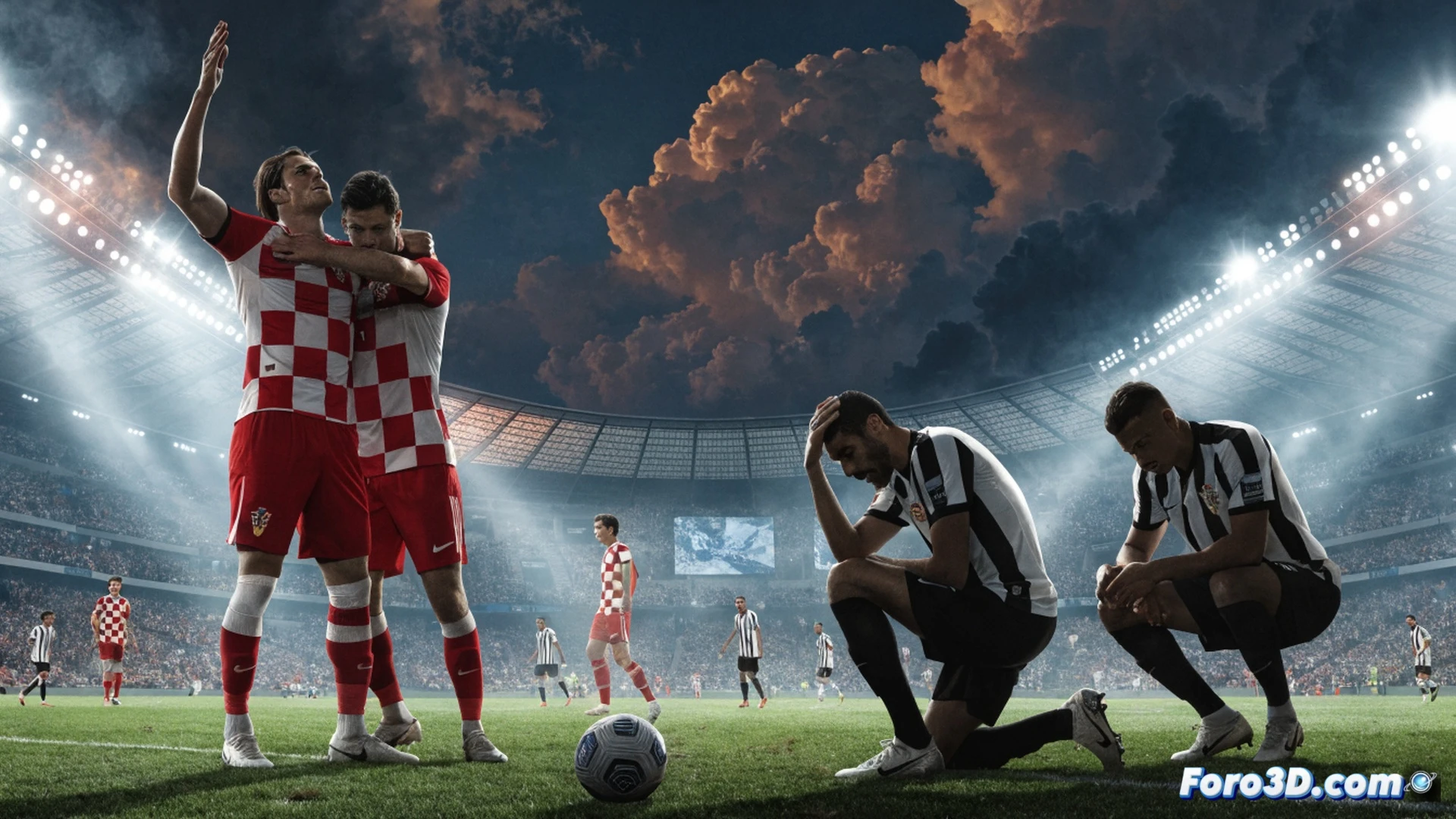 Football match scene, Croatian player Ante Budimir striking a soccer ball with precision inside the penalty area, Panamanian goalkeeper diving late to his right, ball already past his outstretched glove and heading into the net, stadium floodlights casting dramatic shadows, grass blades flying from the kick, sweat droplets visible on players faces, photorealistic sports photography style, frozen motion capture, high contrast dramatic lighting, ultra-detailed jersey textures, stadium crowd blurred in background, net mesh deforming from ball impact, technical sports action visualization