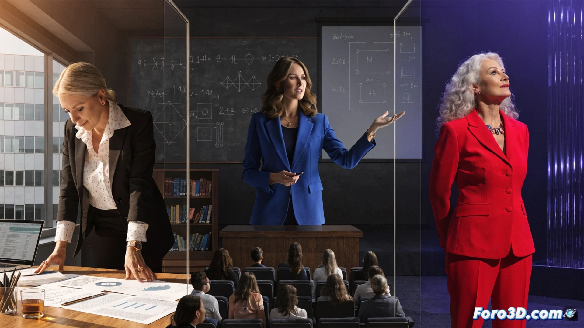 Three professional women leading a business meeting in a modern Croatian office, one gesturing at a holographic data dashboard showing growth metrics, another presenting a tablet with engineering blueprints, while the third reviews a financial report, sunlight streaming through floor-to-ceiling windows overlooking Zagreb skyline, diverse team members collaborating in background, cinematic photorealistic style, warm natural lighting, polished glass conference table, subtle Croatian flag motif on wall, confident postures, dynamic action captured mid-discussion