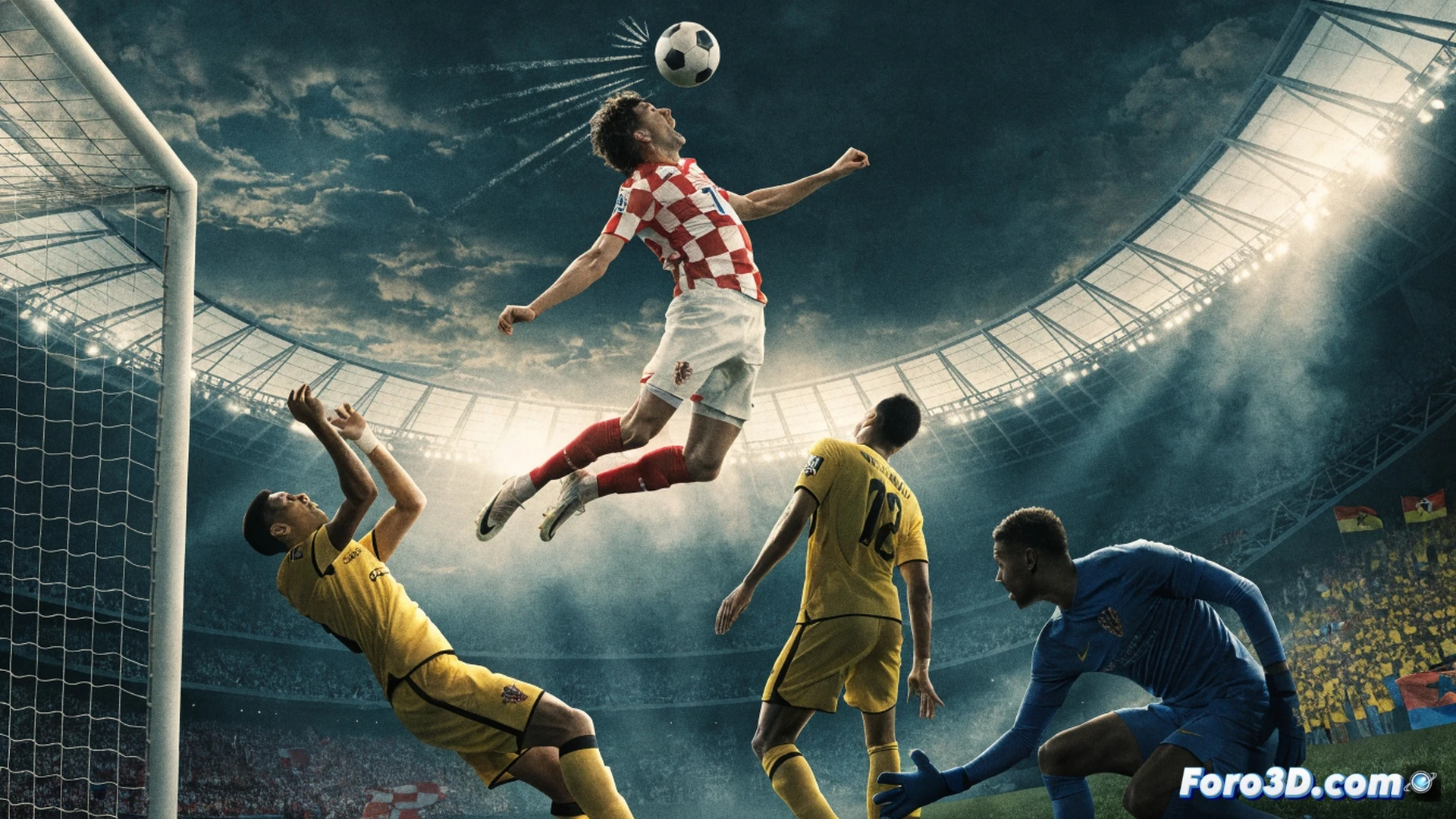 croacia y ghana disputando un balón aéreo en el área penal, defensa ghanesa saltando mientras nikola vlasic conecta un cabezazo potente, balón desviándose hacia el arco, estadio lleno con banderas rojiblancas y luces de estadio, marcador electrónico mostrando minuto 83 y resultado 2-1, césped mojado por rocío nocturno, movimiento de cuerpos en tensión, sudor y expresiones faciales de esfuerzo, estilo cinematográfico photorealistic, iluminación dramática de reflectores, profundidad de campo con aficionados borrosos al fondo, ángulo bajo desde la línea de gol, acción congelada en el impacto del cabezazo