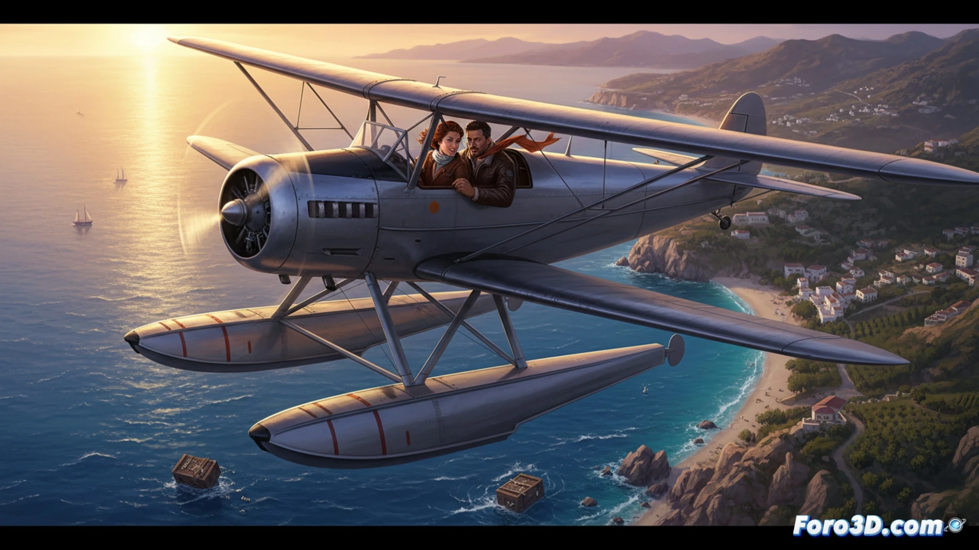 hidroavión biplano rojo y dorado sobrevolando acantilados mediterráneos al atardecer, cabina abierta mostrando piloto mirando mapa mientras vientos cruzados inclinan el fuselaje, hélices girando con estelas de vapor, alas de lona tensadas por ráfagas, instrumentos de vuelo analógicos brillando bajo luz ámbar, costa rocosa con espuma de olas rompiendo, maleta de cuero atada al asiento trasero, estilo cinematográfico vintage, iluminación cálida y dramática, textura metálica desgastada, nubes bajas desgarradas por el viento, photorealistic technical render con enfoque nítido en detalles mecánicos