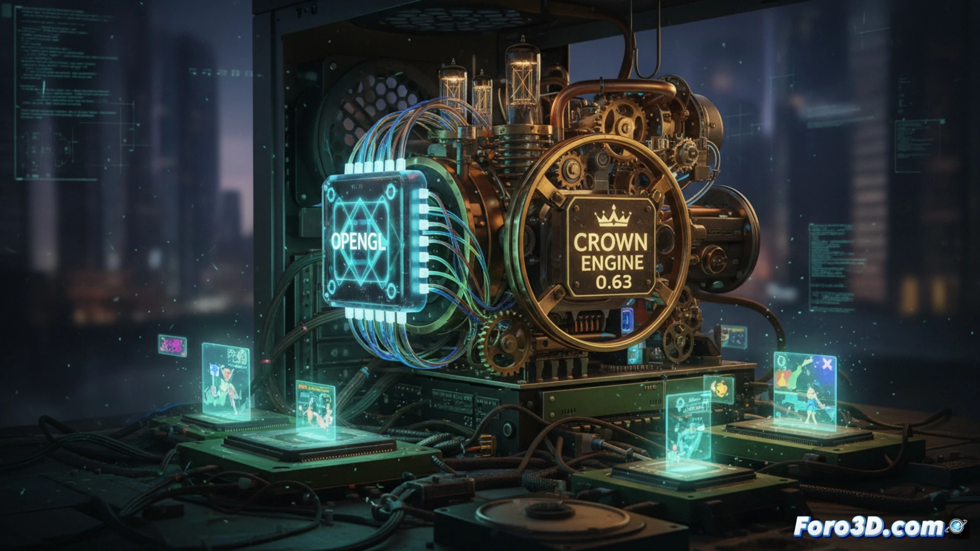 OpenGL rendering engine activating on an old PC tower, monitor displaying a 3D game scene with low-poly objects and smooth lighting, motherboard with dusty graphics card visibly glowing green, cooling fan spinning slowly, tangled cables beside a coffee mug, cinematic technical illustration, warm ambient light from the screen illuminating the workspace, photorealistic hardware details, subtle particle effects showing data flow between CPU and GPU, retro-futuristic workshop atmosphere