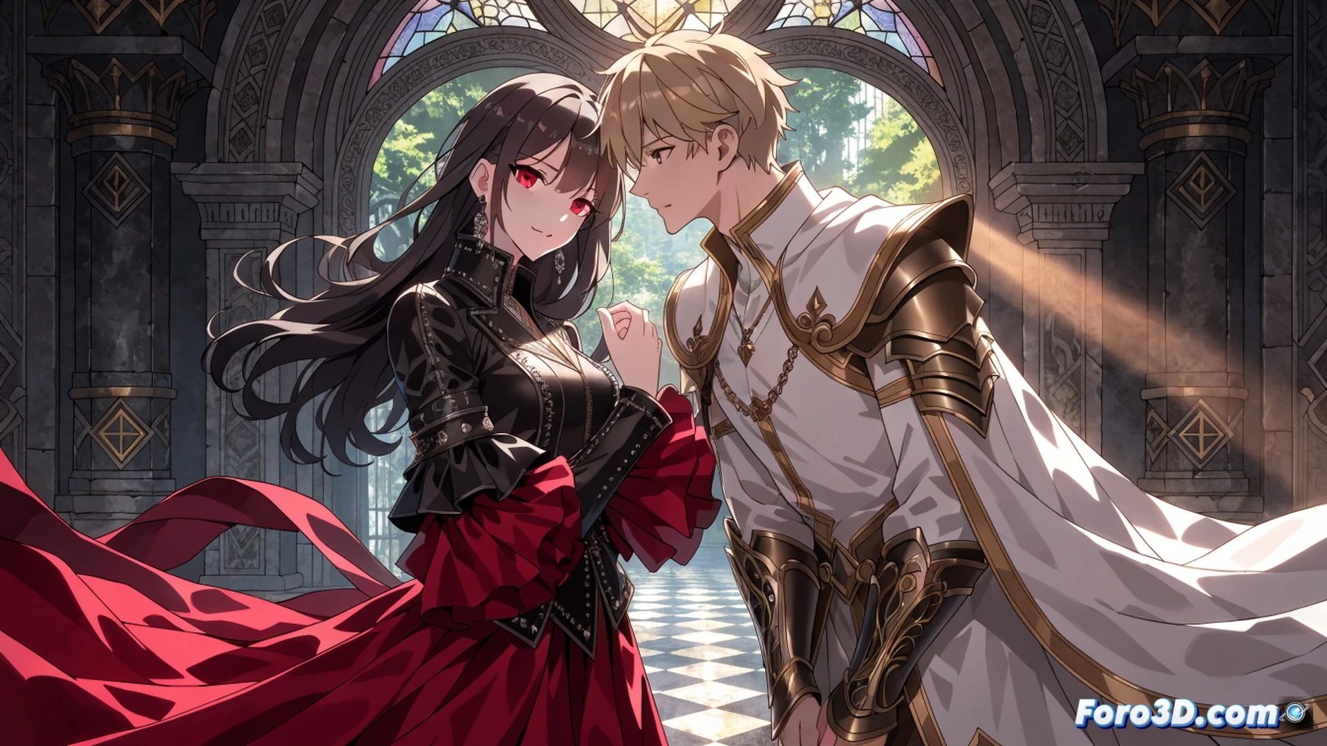 medieval ballroom scene, a woman in a black villainess gown dramatically dropping a teacup in shock, while a prince in royal blue kneels before her offering a rose, her expression shifting from villainous smirk to flustered confusion, game interface elements like health bars and dialogue options glitching around her head, shattered porcelain pieces suspended mid-air, isekai portal distortion effect at the edges, cinematic anime-inspired style, soft candlelight and chandelier glow, motion freeze capturing the moment of genre subversion, vibrant color contrast between dark dress and warm lighting, ultra-detailed lace and embroidery on costumes