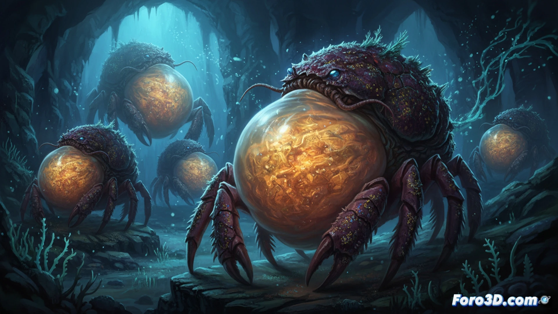 benthic submersible spotlight illuminating a giant deep-sea crustacean with translucent oversized stomach bulging with stored food, claws resting on hydrothermal vent rock, slow-motion feeding process showing minimal metabolic activity, bioluminescent particles drifting in dark water, technical visualization of anatomical cross-section revealing digestive system expansion, photorealistic deep-sea engineering render, cinematic lighting with blue and amber tones, ultra-detailed chitin texture, scientific illustration style