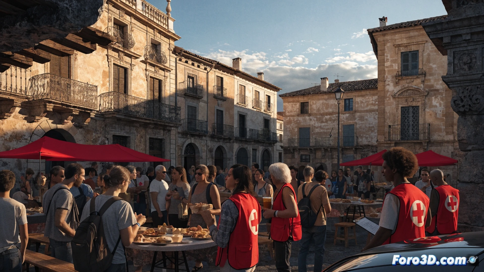 Plaza Mayor de Villanueva de los Infantes durante un aperitivo solidario de Cruz Roja, voluntarios sirviendo bebidas y tapas en mesas largas con manteles rojos, vecinos depositando monedas en huchas metálicas con el emblema de la organización, bandejas de croquetas y vasos de vino siendo distribuidos, arcos de piedra iluminados por luz cálida de atardecer, ambiente festivo y colaborativo, fotografía realista cinematográfica, profundidad de campo, texturas de adoquín y cantería, colores cálidos y saturados, enfoque nítido en gestos de donación y sonrisas.