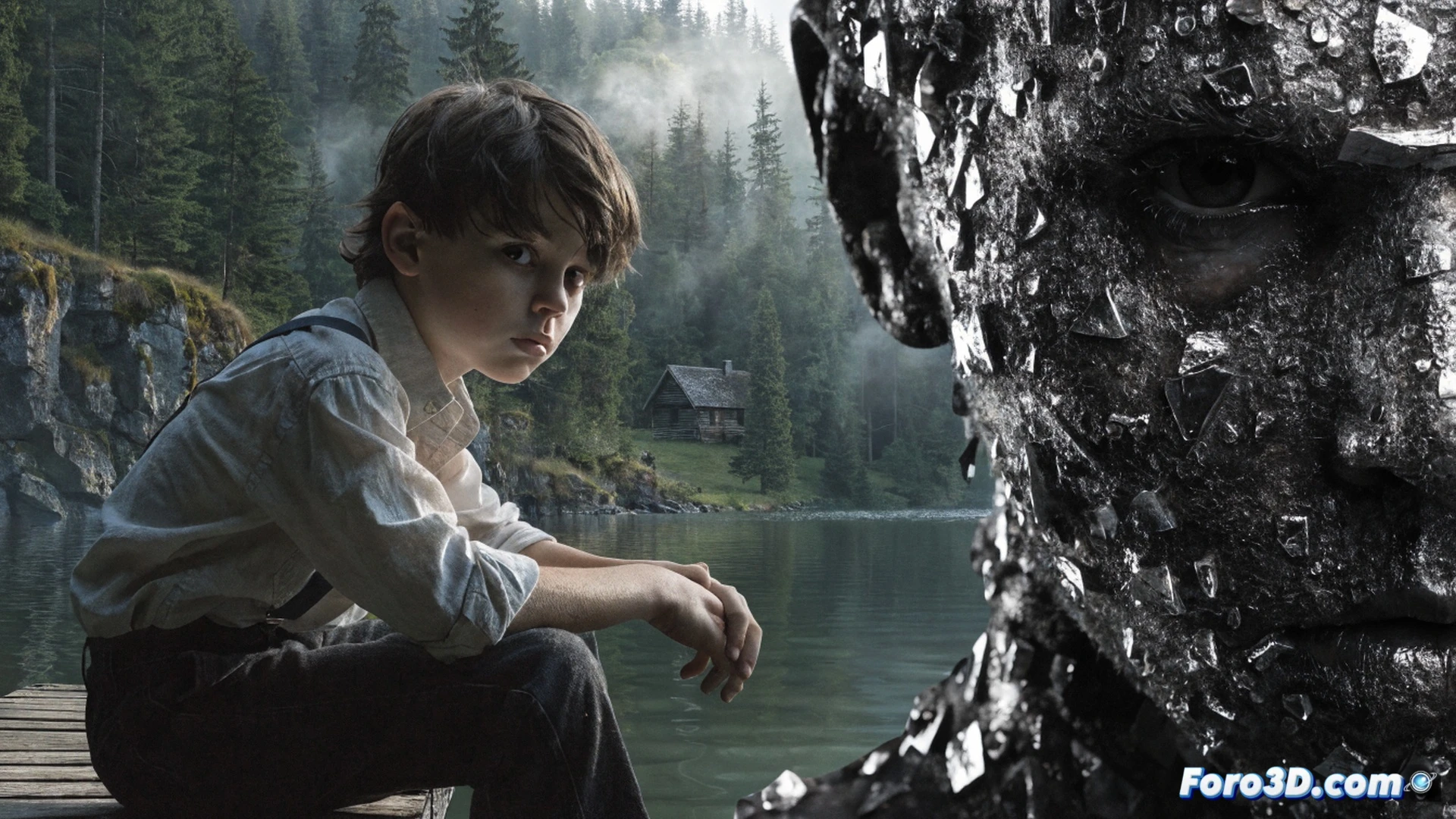 dark forest lake at twilight, a young boy in a soaked hockey mask emerging from murky water, hands reaching upward while gripping a wooden oar, water droplets scattering from the paddle during the rise, moss-covered tree roots and submerged branches visible beneath the surface, a vintage cabin with flickering candlelight visible through broken windows in the background, cinematic horror lighting with deep blue shadows and pale mist rising from the lake, photorealistic rendering, ultra-detailed wet fabric and wooden textures, dramatic volumetric fog, 4K technical visualization style
