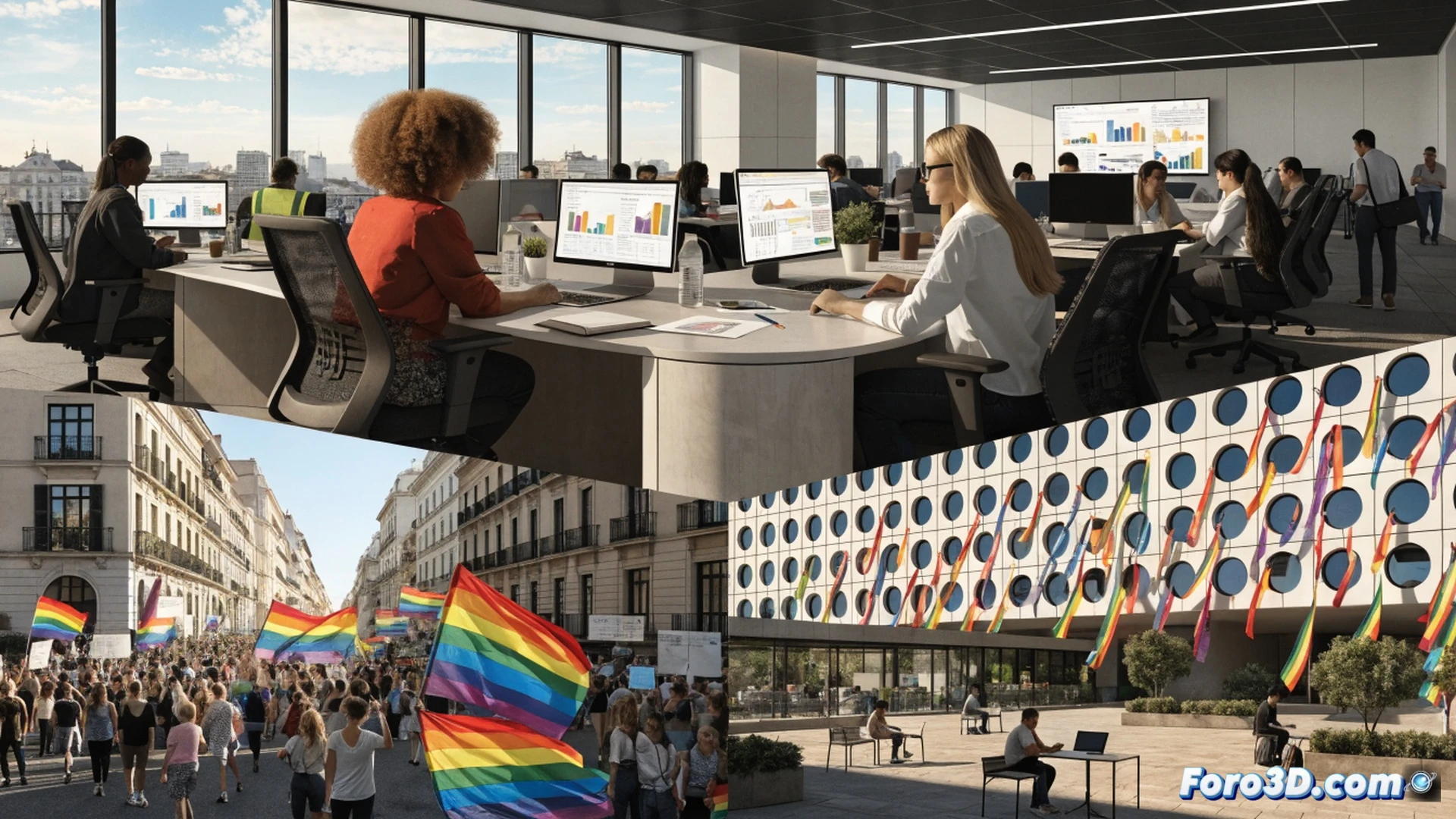 Modern office workspace scene with diverse employees collaborating around a glass meeting table, one person adjusting a rainbow-colored ergonomic keyboard, another using a laptop with a visible accessibility software interface on screen, a third person holding a tablet displaying a company policy document with equality clauses, soft natural light streaming through large windows, inclusive environment with gender-neutral name badges, photorealistic corporate photography style, warm professional lighting, subtle rainbow reflections on polished surfaces from a small flag on the desk, no text or logos visible, cinematic composition, shallow depth of field, business casual attire, diverse ages and appearances, technology tools including laptops and tablets in use, technical office equipment visible